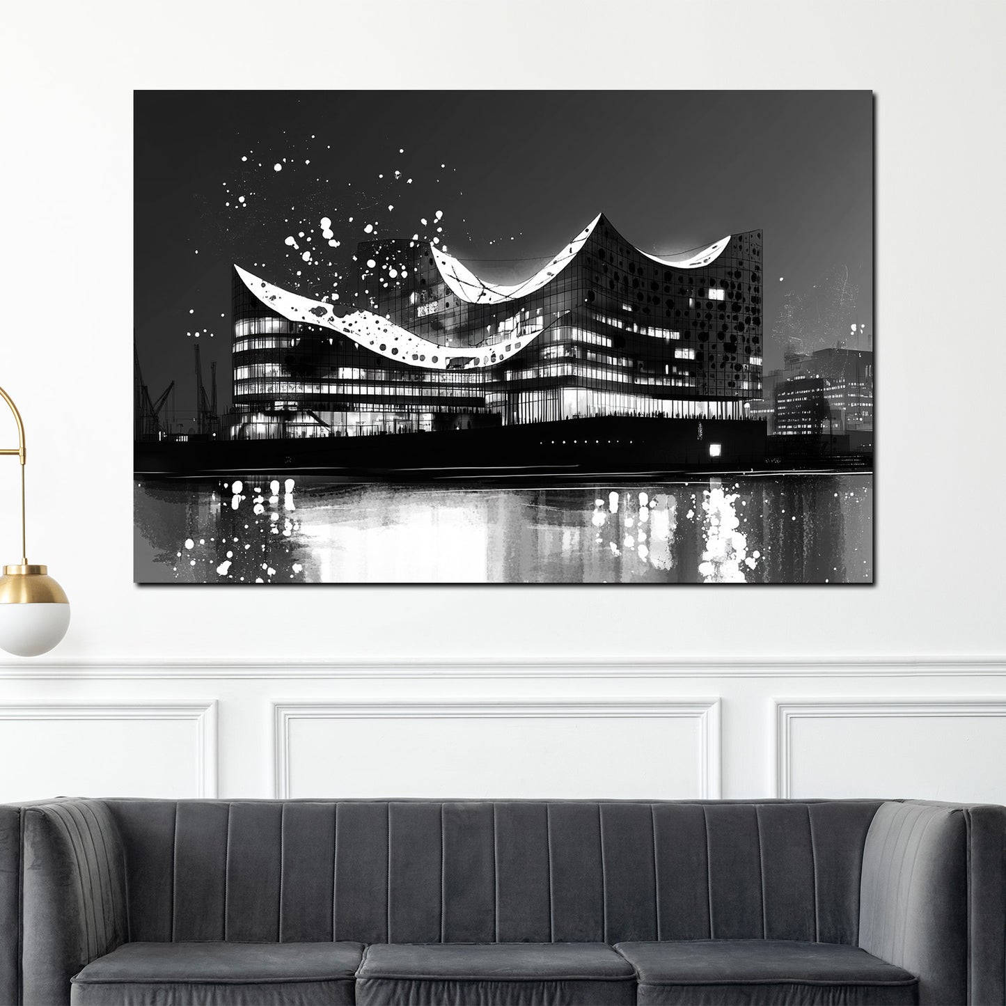 Wandbild Kunstwerk Städte Hamburg Elbphilharmonie Nachtaufnahme Lichtreflexion