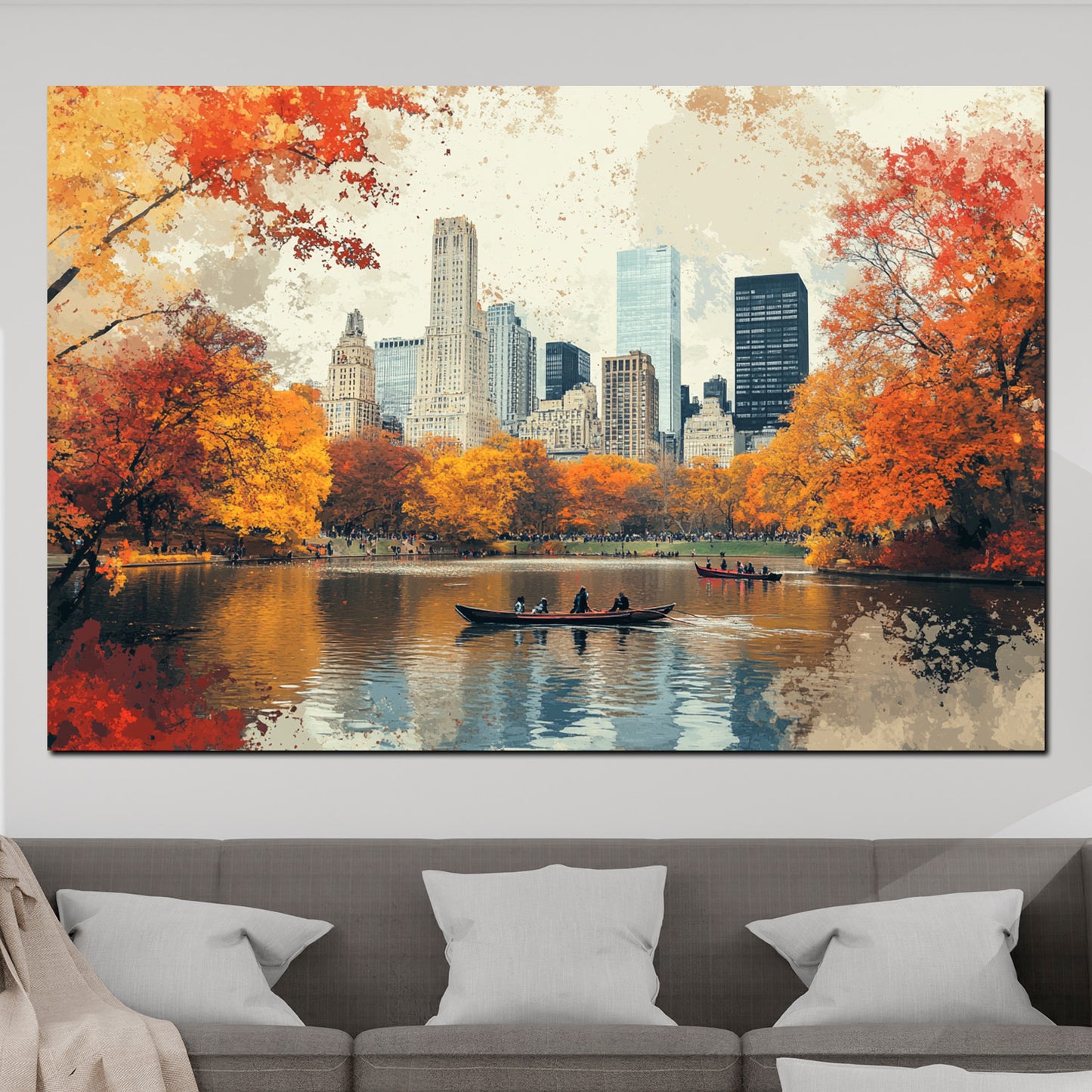 Wandbild Kunstwerk Städte New York Park Boote Herbstfarben Spiegelung