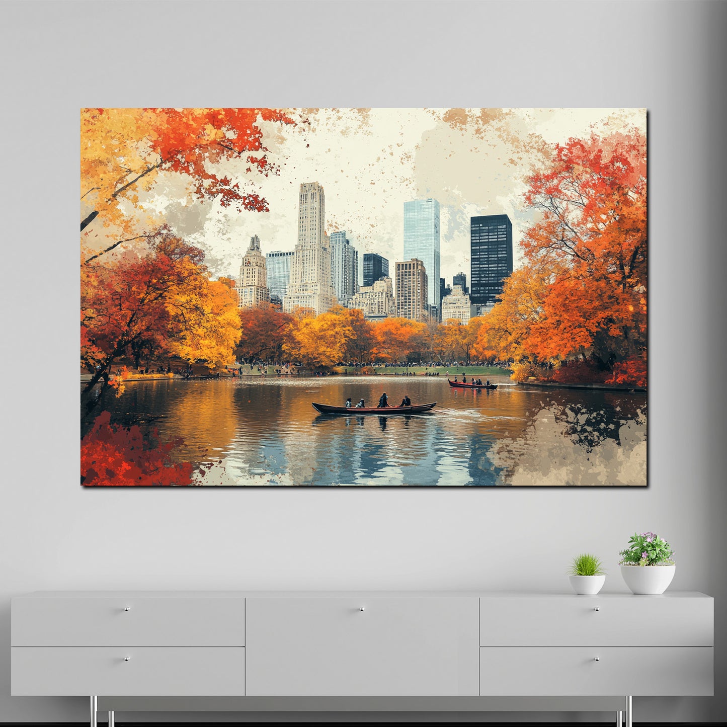 Wandbild Kunstwerk Städte New York Park Boote Herbstfarben Spiegelung