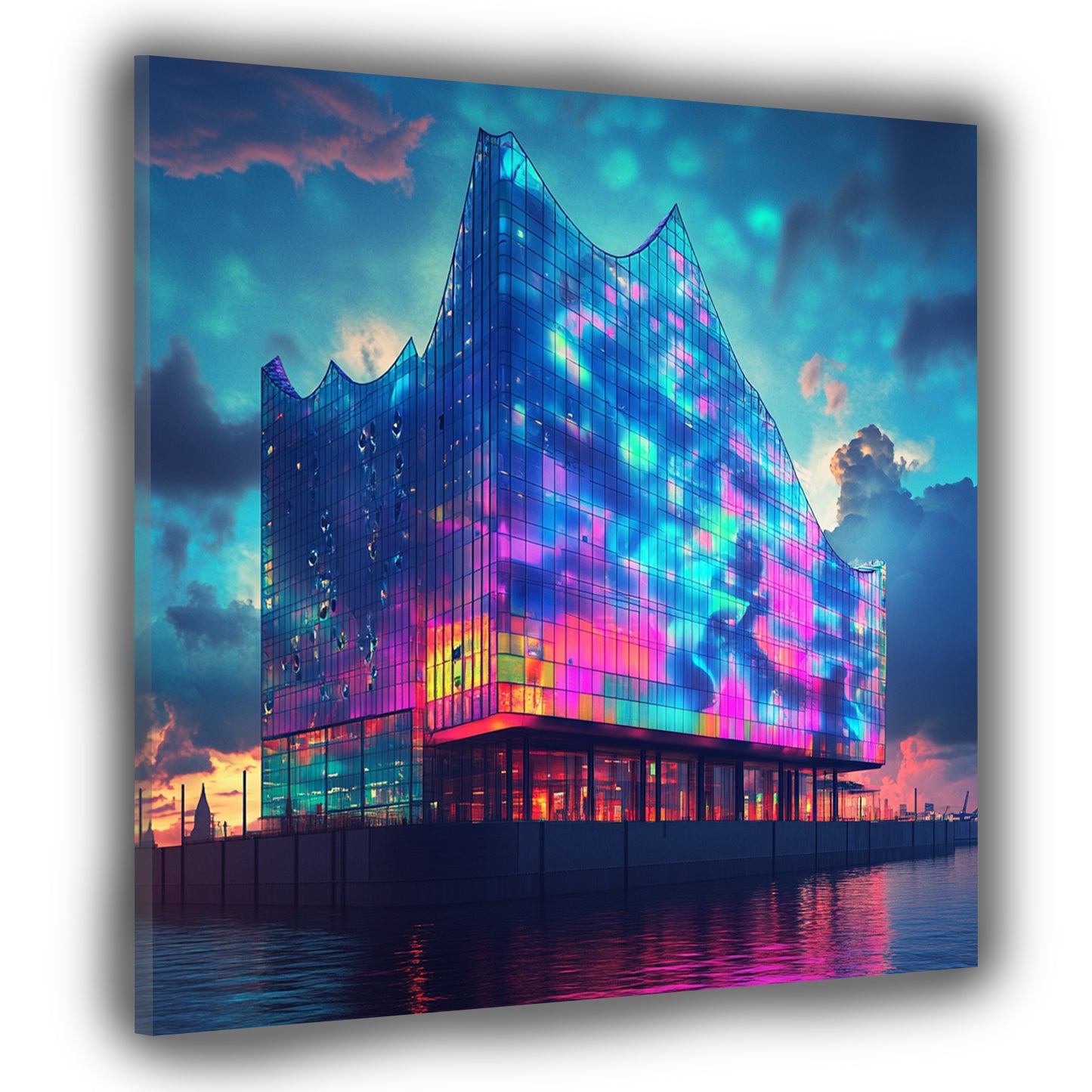 Wandbild Kunstwerk Städte Pop Art Hamburg Elbphilharmonie Glasfassade Abendstimmung