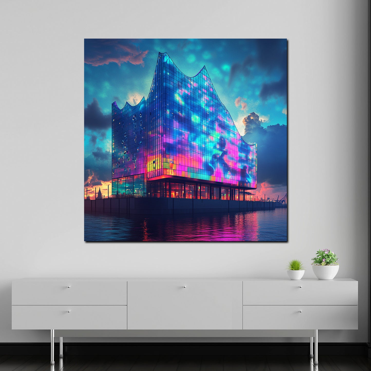 Wandbild Kunstwerk Städte Pop Art Hamburg Elbphilharmonie Glasfassade Abendstimmung