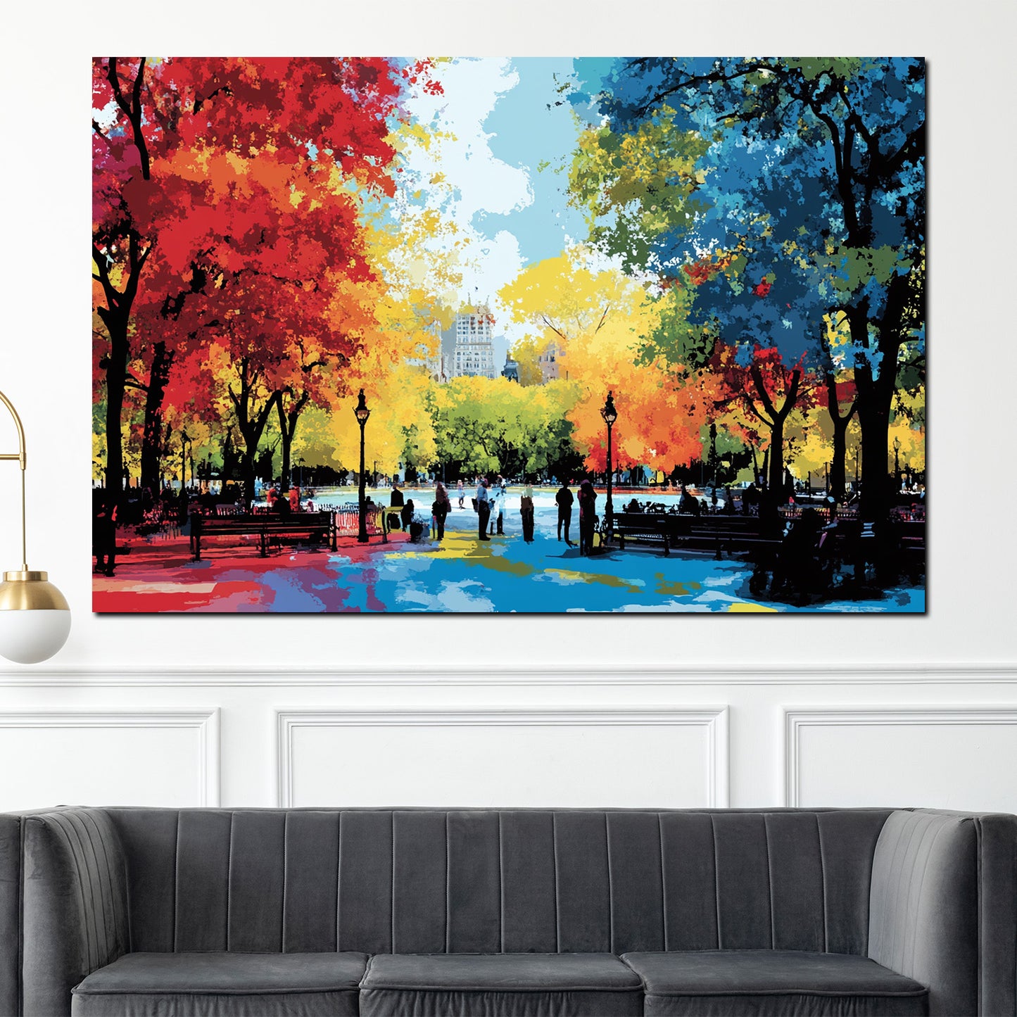 Wandbild Kunstwerk Städte USA Pop Art Park Szene Menschen Natur Farbenspiel Herbst