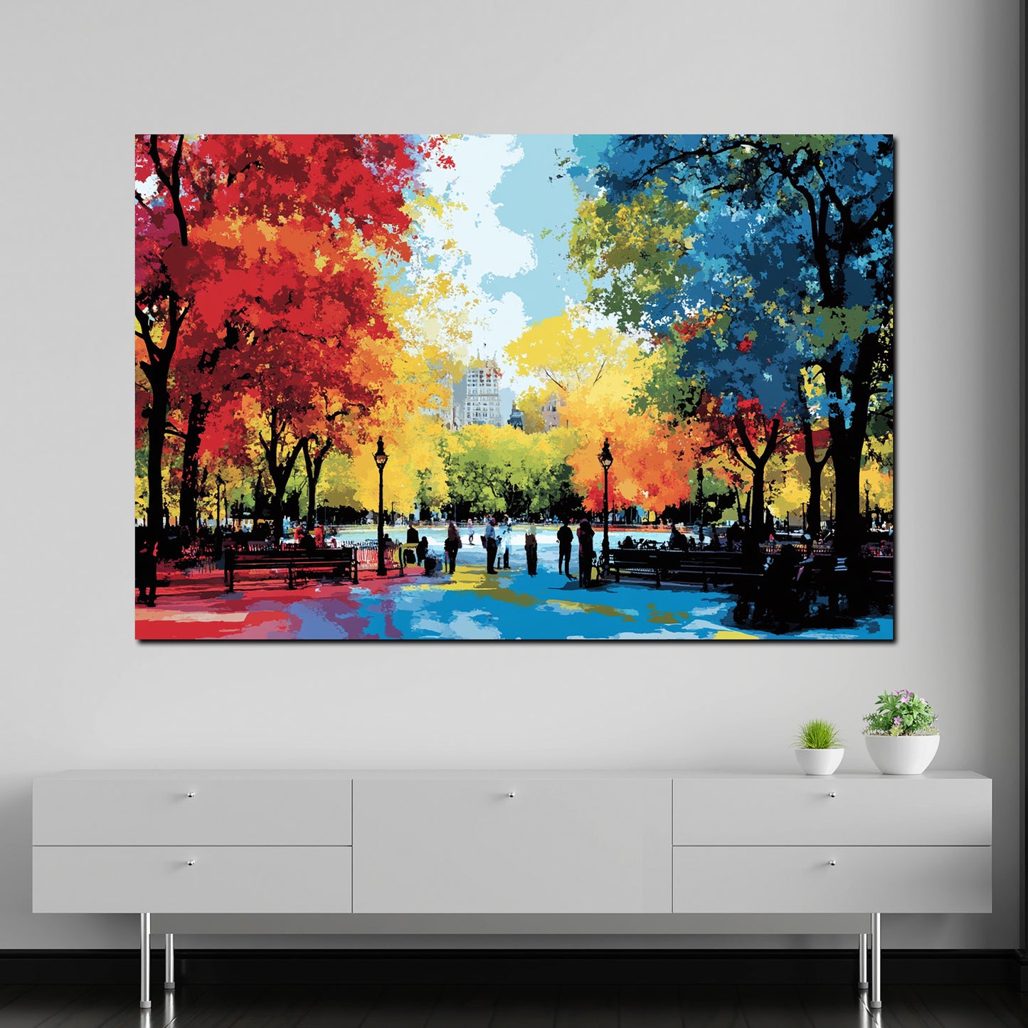 Wandbild Kunstwerk Städte USA Pop Art Park Szene Menschen Natur Farbenspiel Herbst