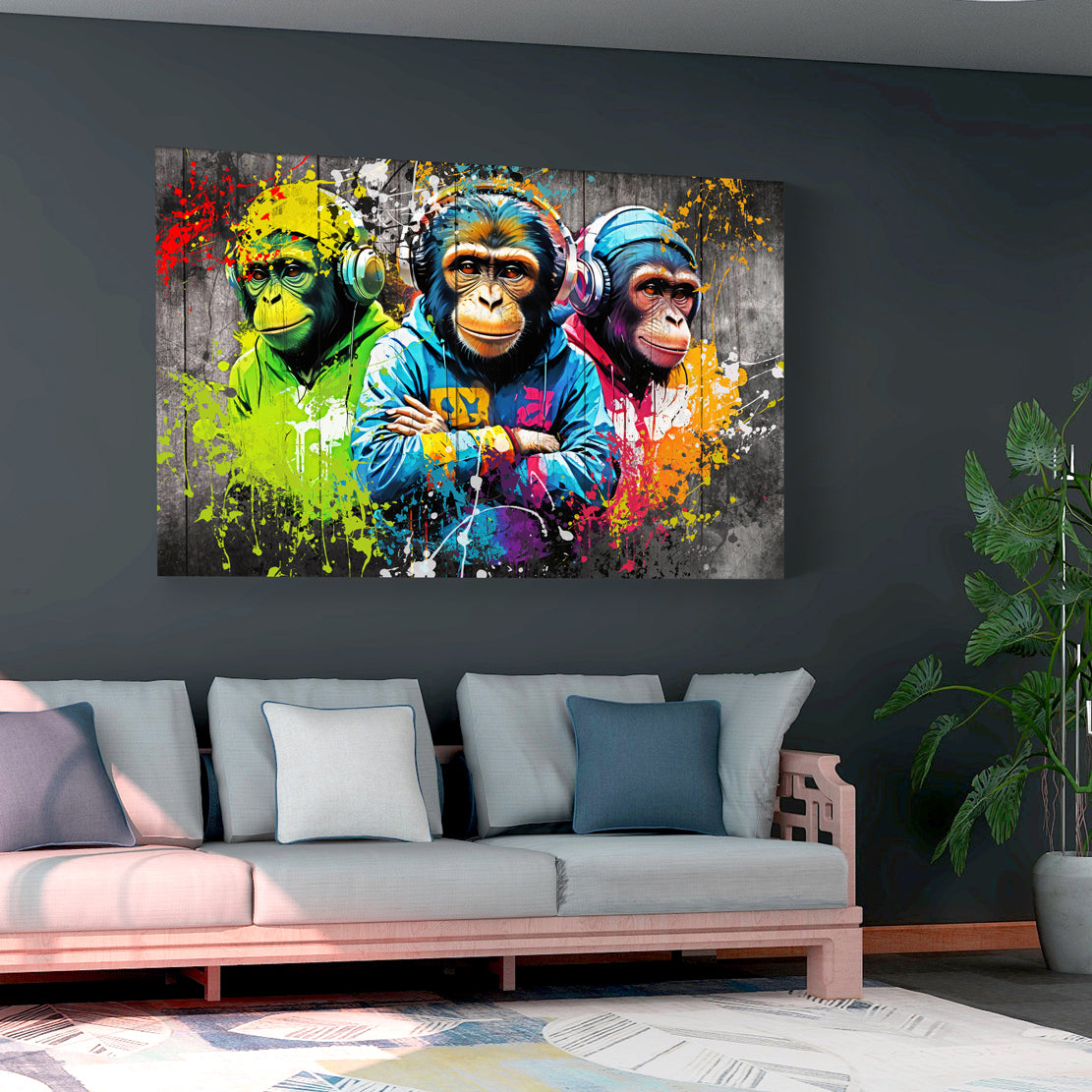Street Art Affen mit Hoodies und Kopfhörern Wandbild Kunstwerk