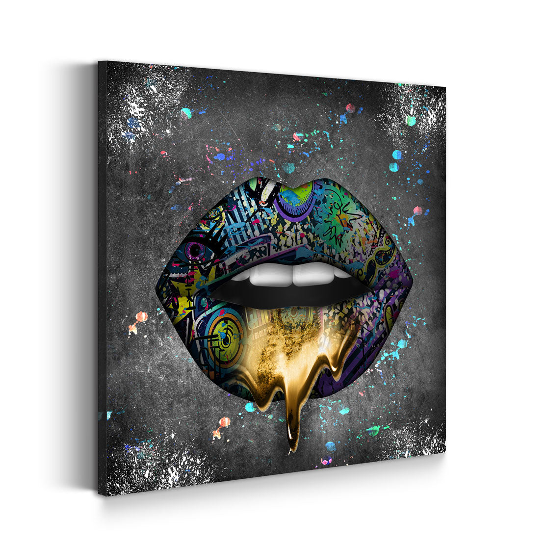 Street Art Lippen Gold Tropfen Wandbild Kunstwerk