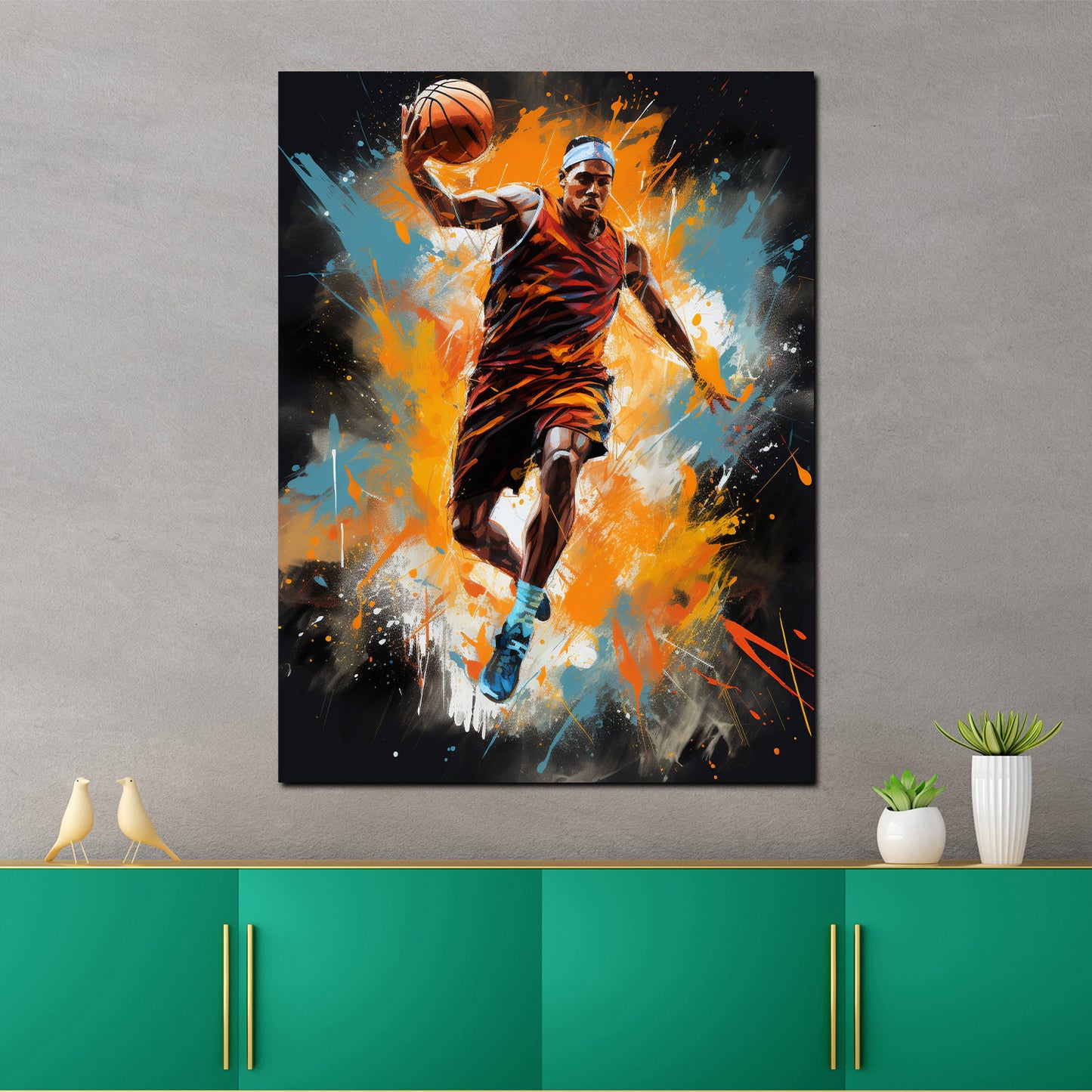 Street Art Mann mit Basketball Painting Style Wandbild Kunstwerk