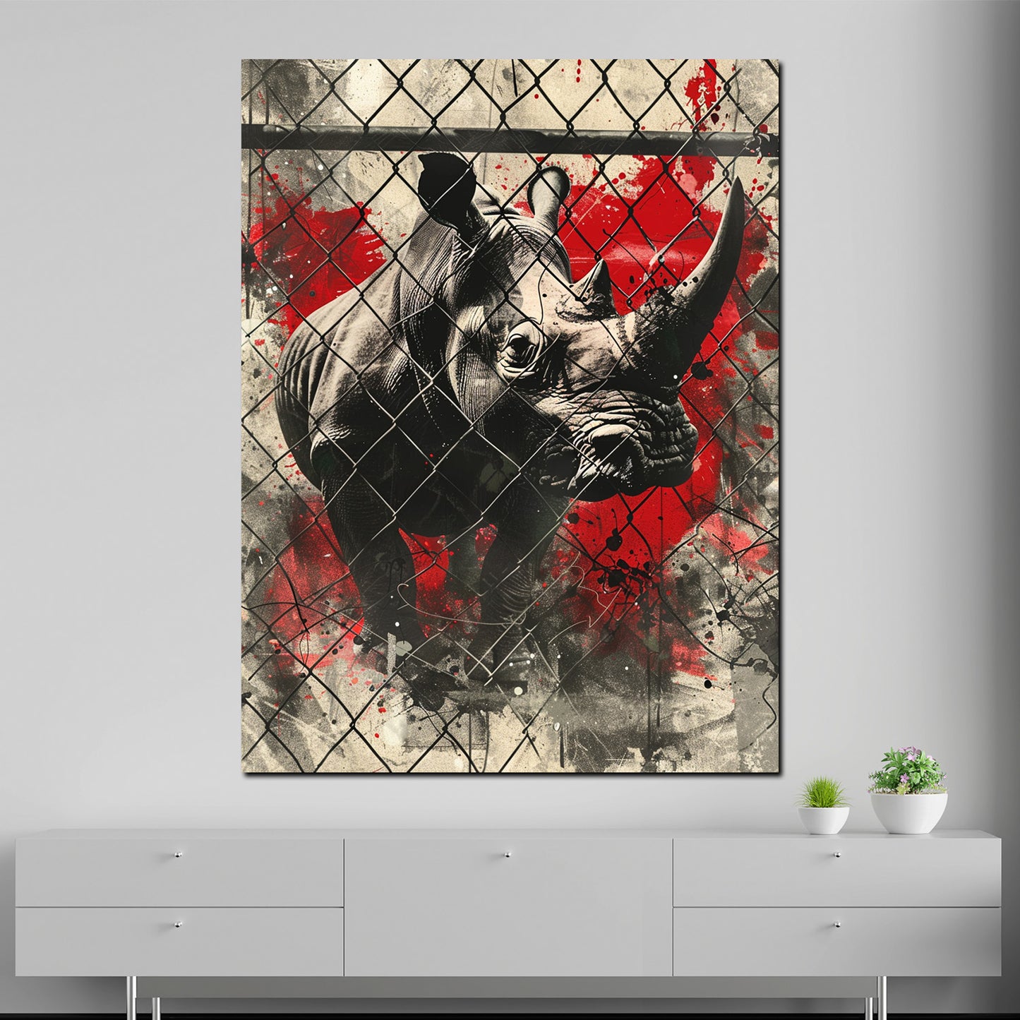 Wandbild Kunstwerk Street Art Nashorn hinter Zaun Farbspritzer modern