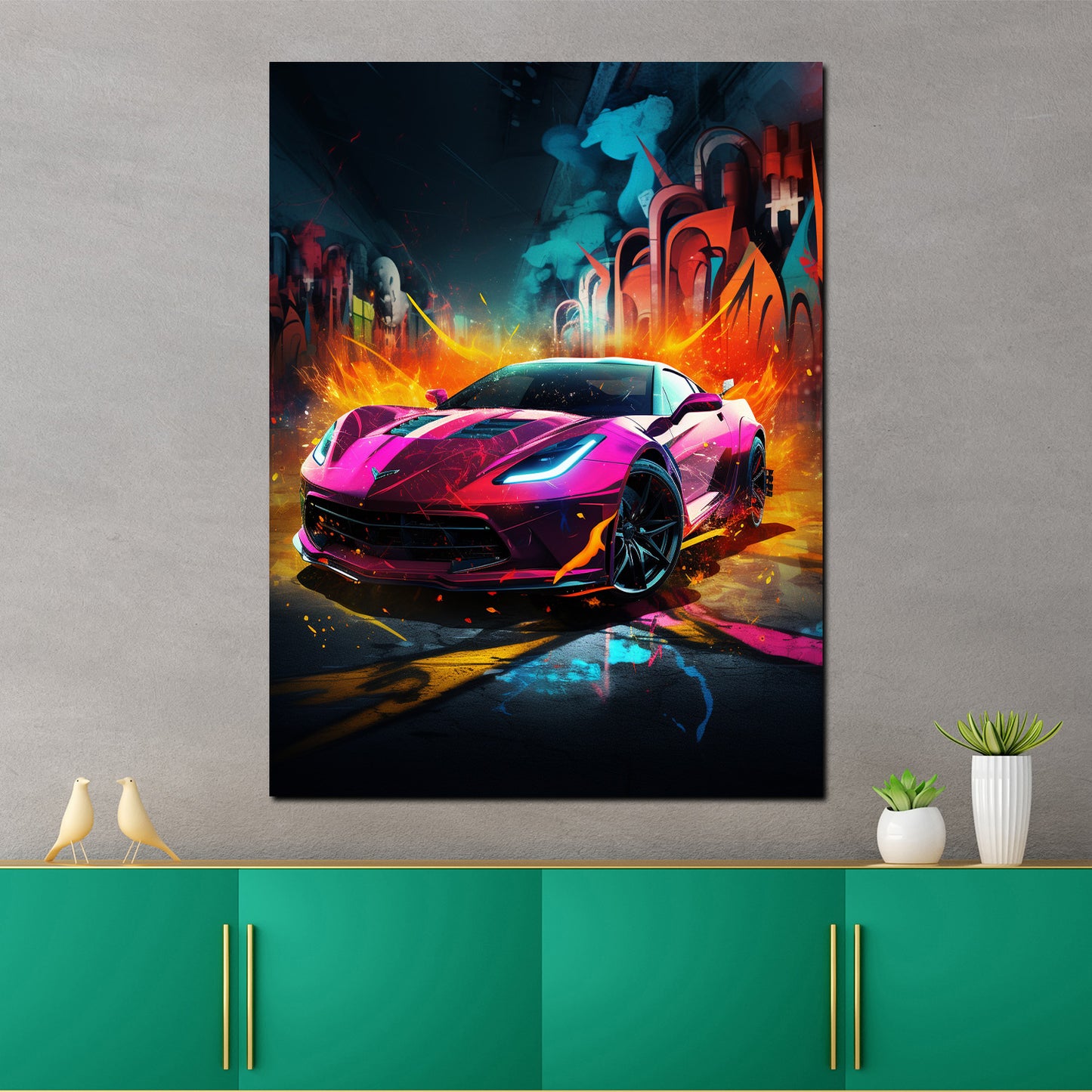 Street Art Pinker Sportwagen Wandbild Kunstwerk