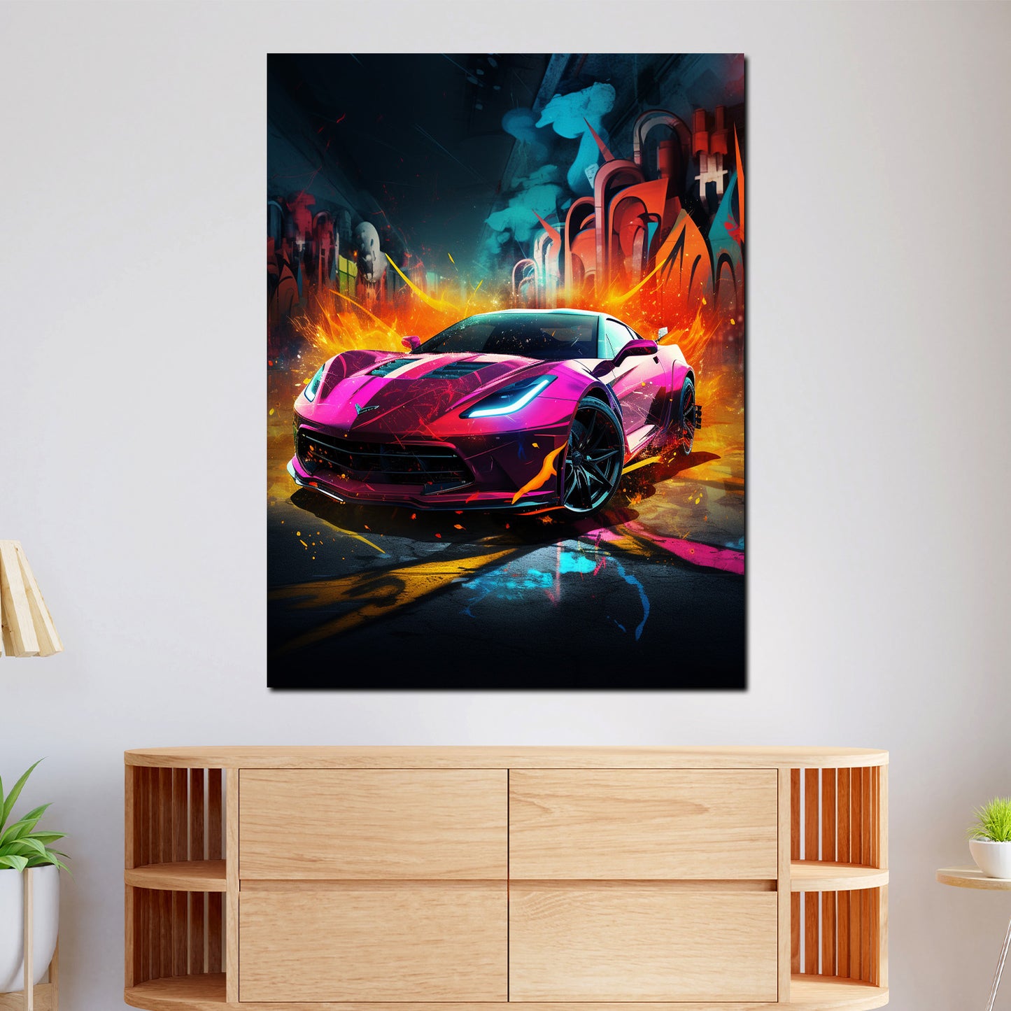 Street Art Pinker Sportwagen Wandbild Kunstwerk