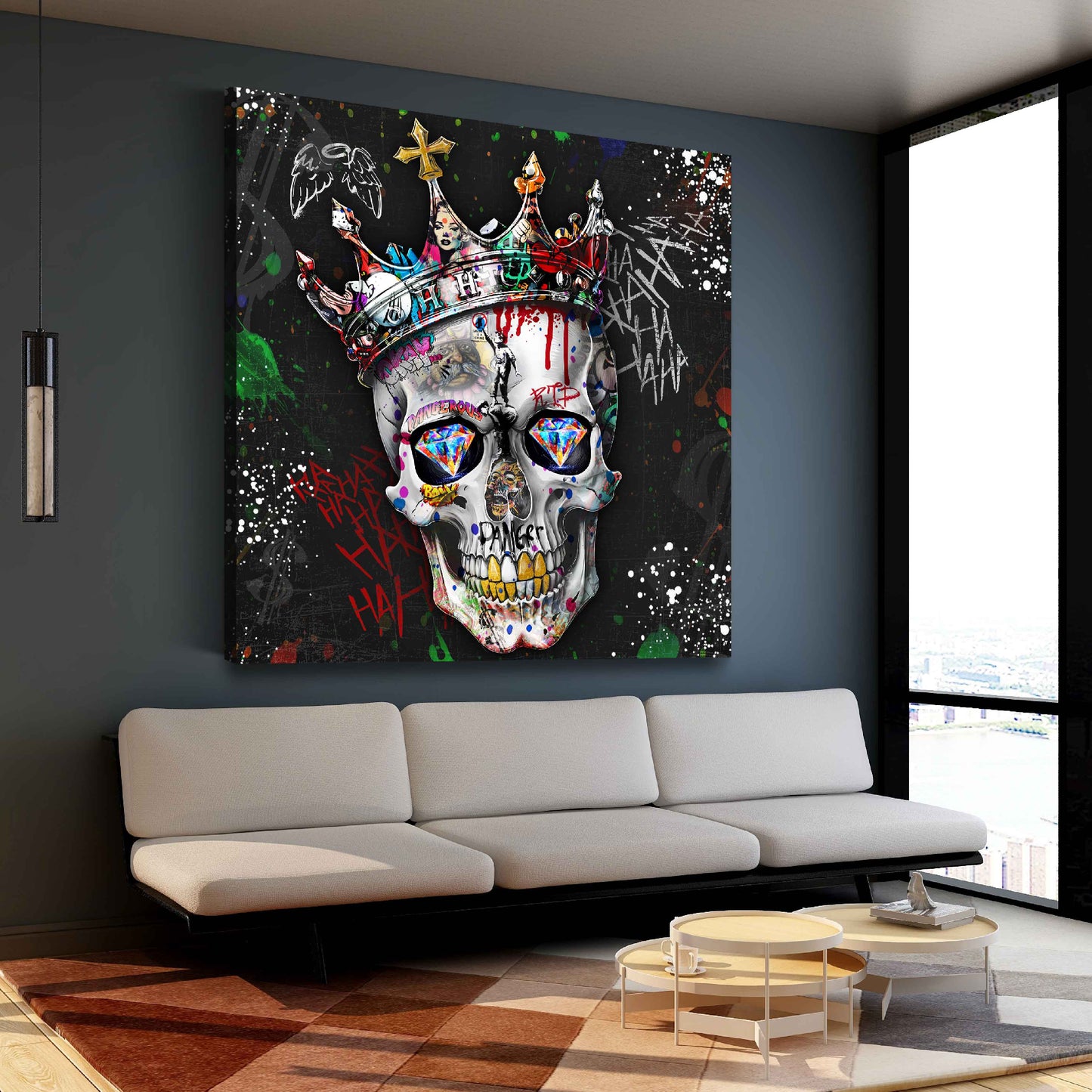 Wandbild Kunstwerk Street Art Schädel mit Krone Graffiti düster rebellisch