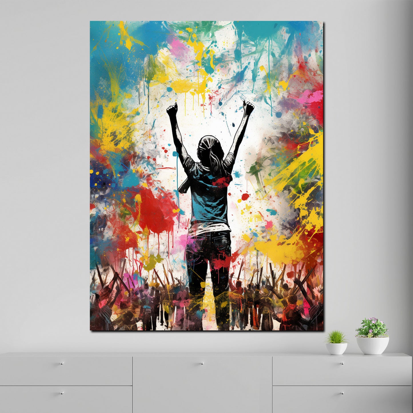 Street Art jubelnde Menschen Colour Splash Wandbild Kunstwerk