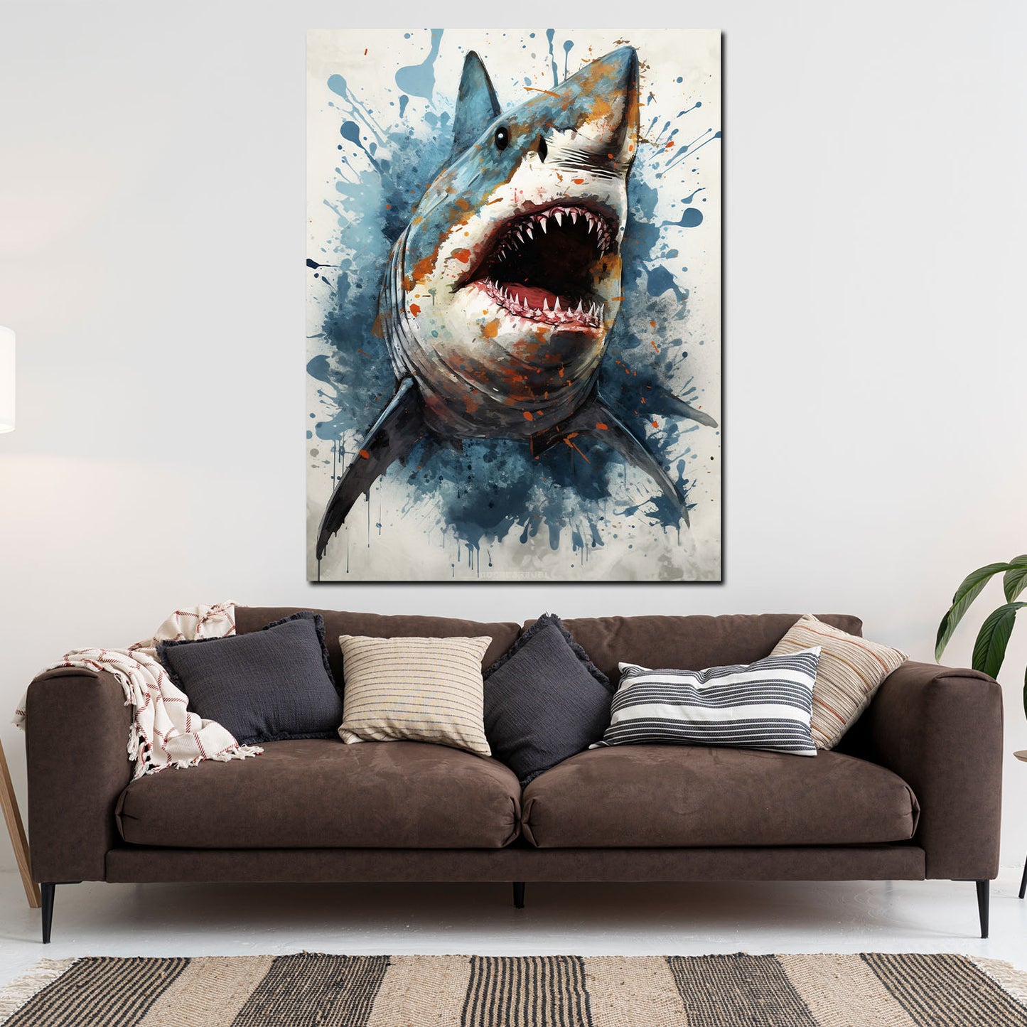 Wandbild Kunstwerk Weißer Hai Blue Splash