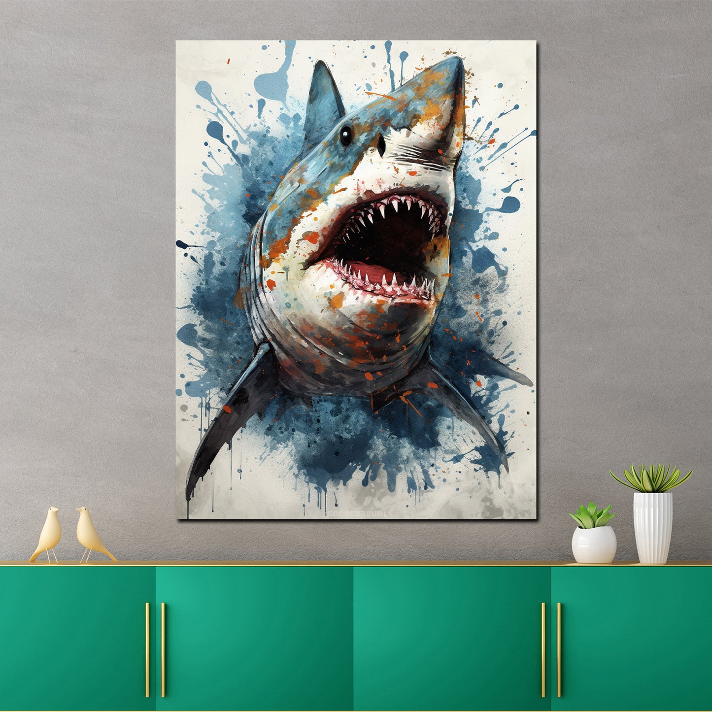 Wandbild Kunstwerk Weißer Hai Blue Splash