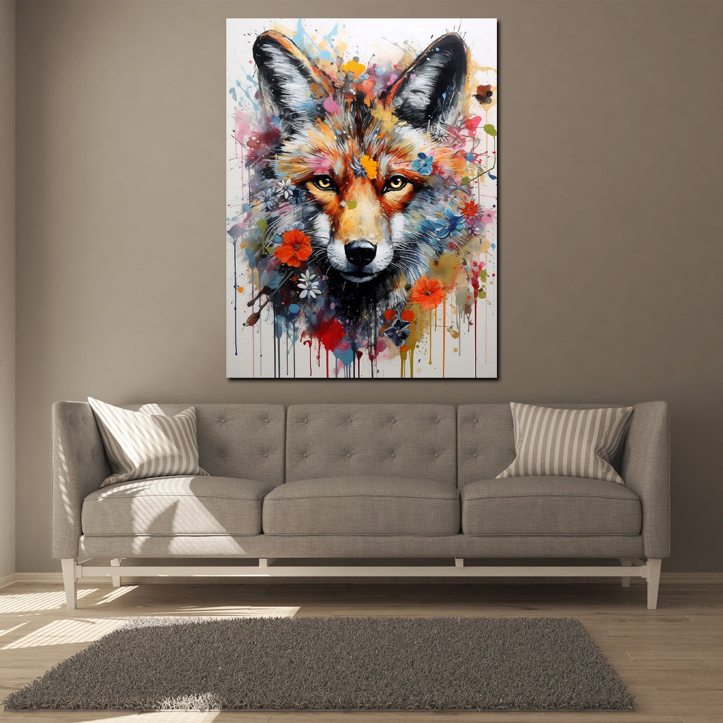 Wolf Pop Art abstrakt mit Blumen Wandbild Kunstwerk