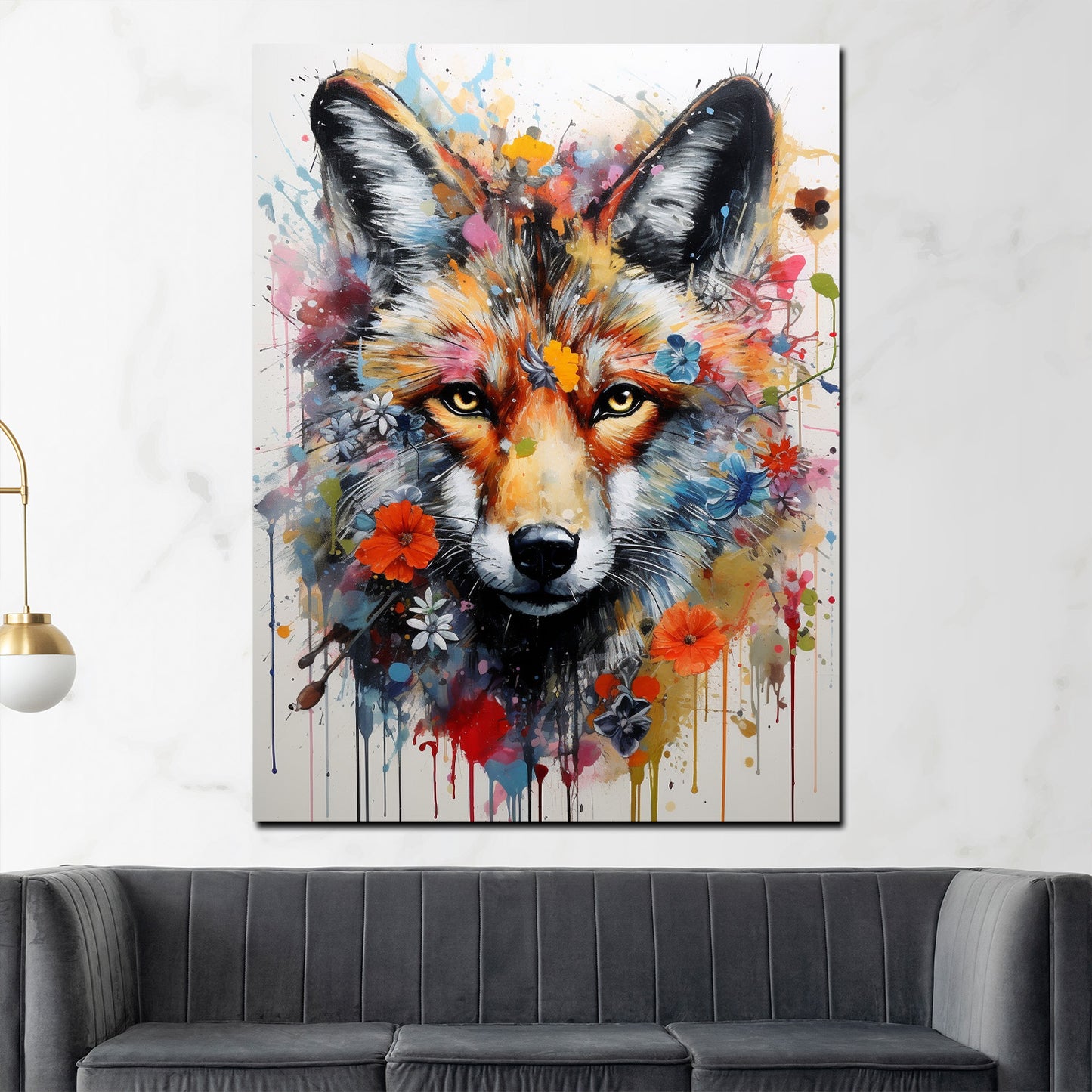 Wolf Pop Art abstrakt mit Blumen Wandbild Kunstwerk