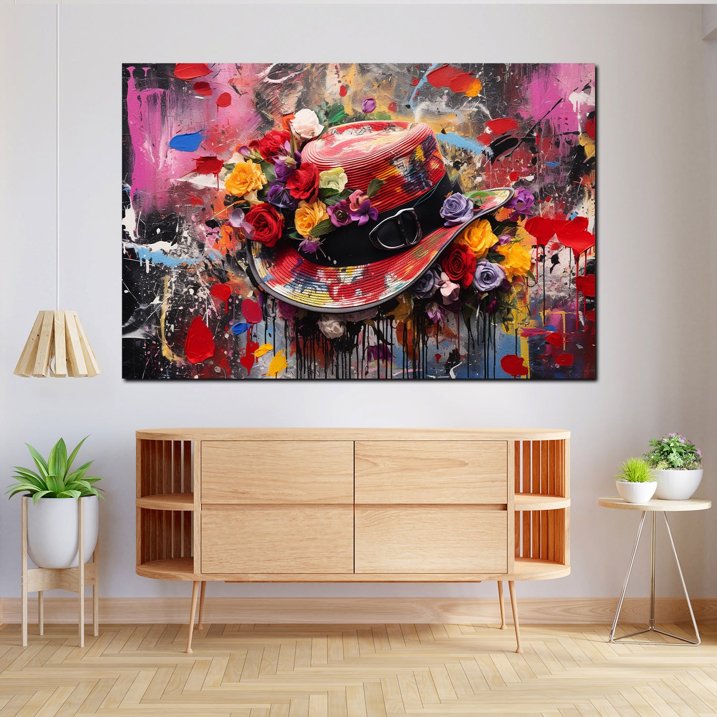 Abstrakt Hut mit Blumen Wandbild Kunstwerk