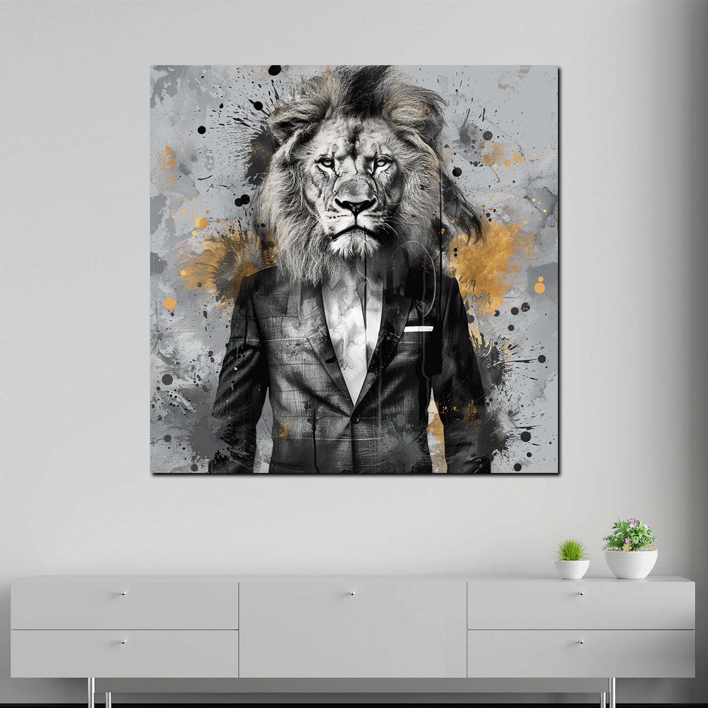 Wandbild Kunstwerk Löwe im Anzug Pop Art Stil