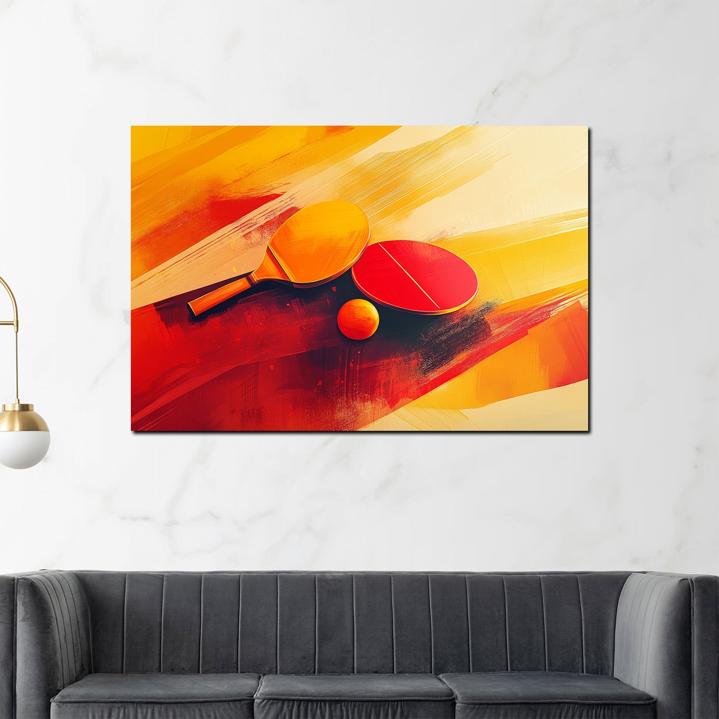 Wandbild Kunstwerk abstrakt Pingpong Szene dynamisch in Rot und Gelb