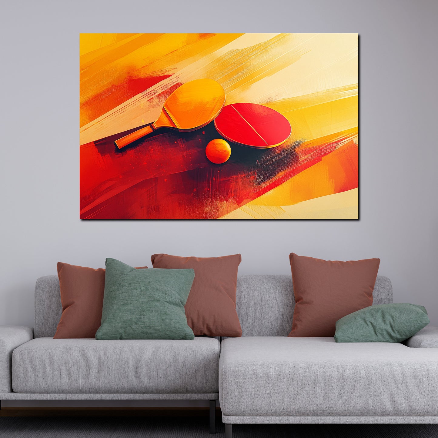Wandbild Kunstwerk abstrakt Pingpong Szene dynamisch in Rot und Gelb