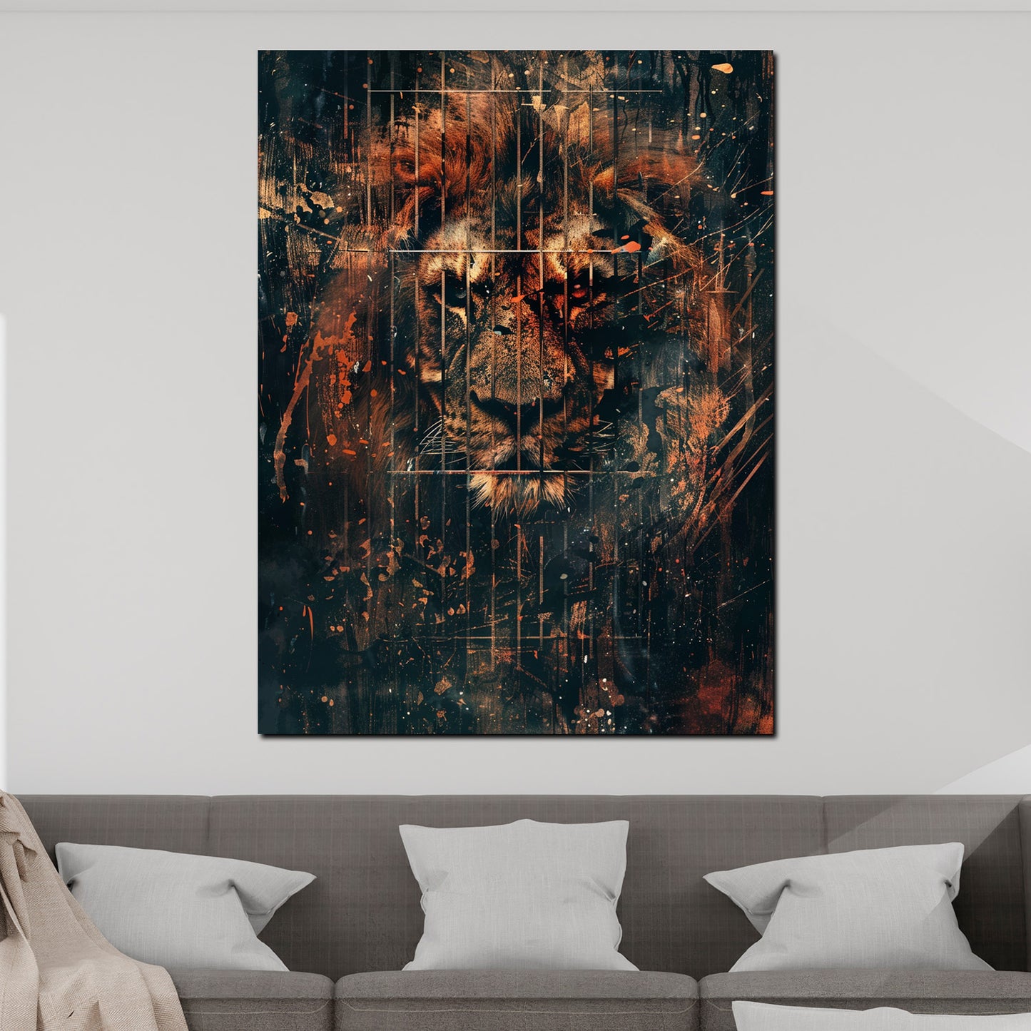Abstrakt wilder Löwe hinter Gitter geheimnisvoll Wandbild Kunstwerk