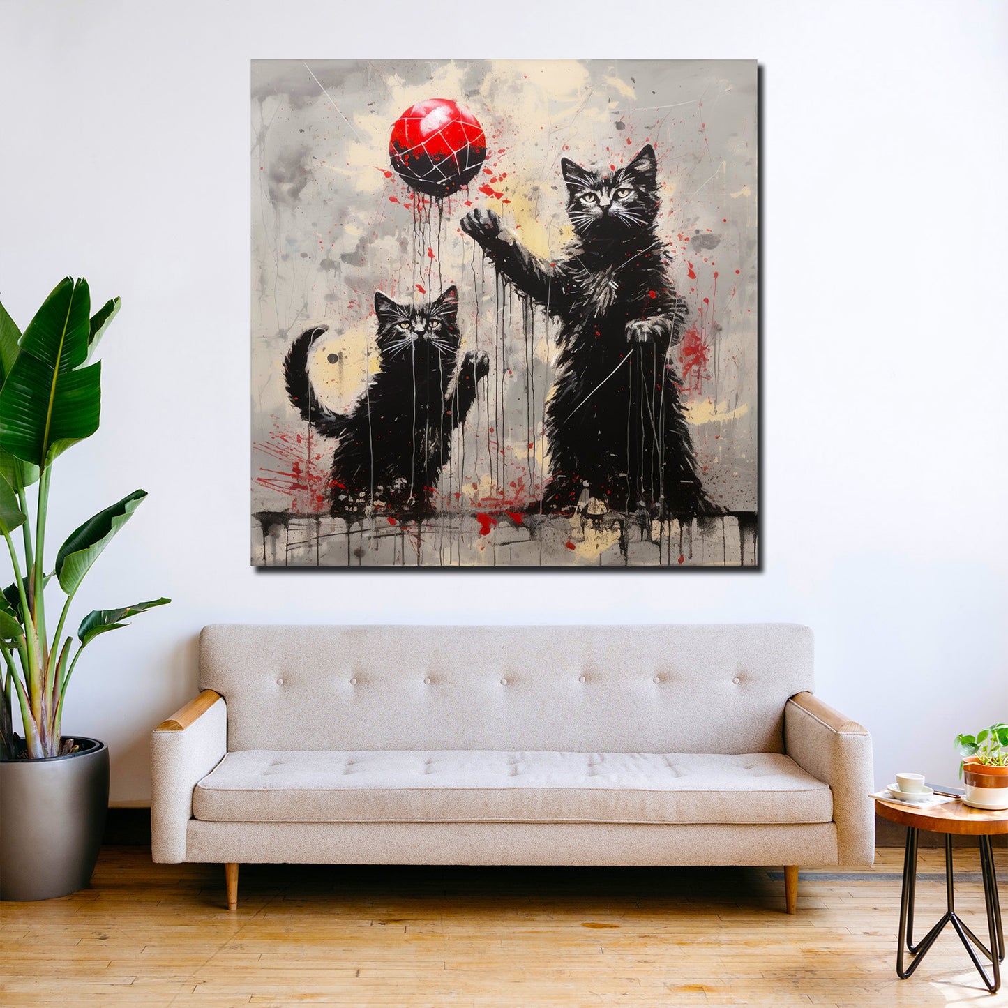 Abstrakt zwei schwarze Katzen spielen mit rotem Ball Wandbild Kunstwerk