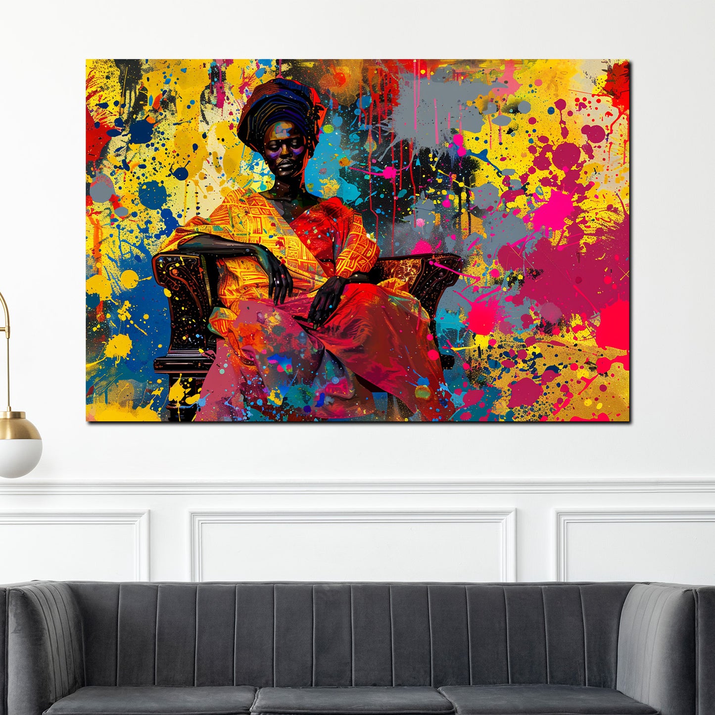 Afrikanische Frau auf Sessel mit leuchtenden Farben Pop Art Wandbild Kunstwerk