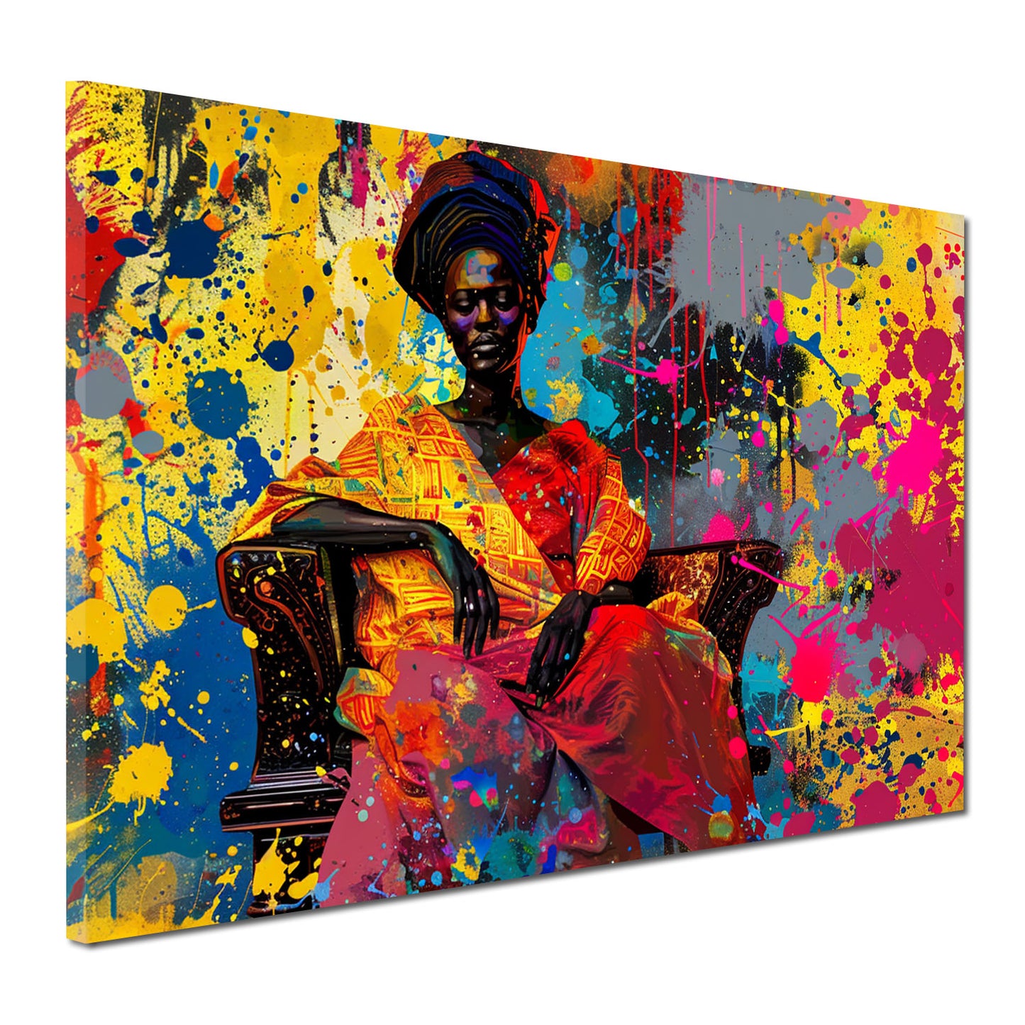 Afrikanische Frau auf Sessel mit leuchtenden Farben Pop Art Wandbild Kunstwerk