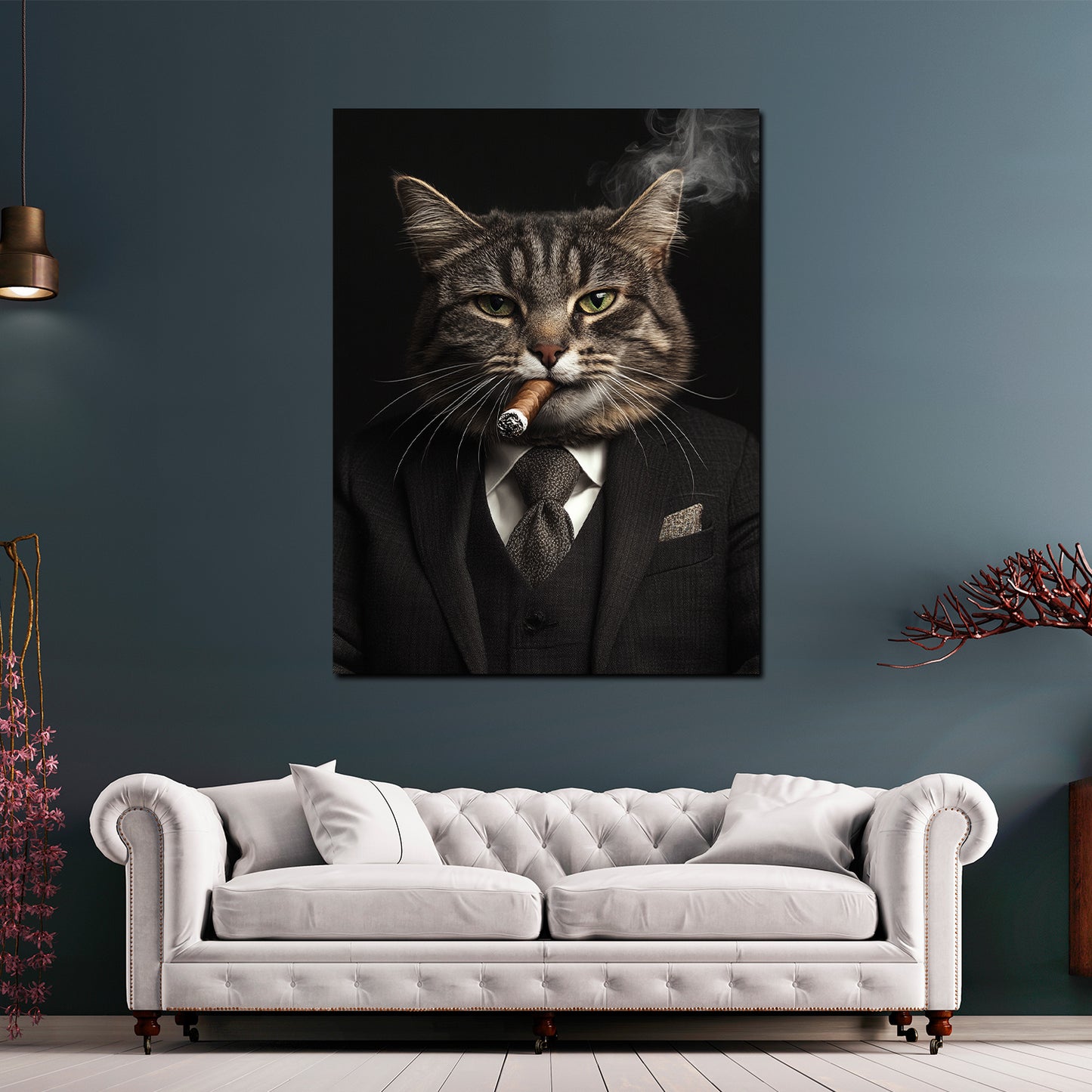 Wandbild Kunstwerk charismatische Katze Anzug rauchend Anführer modern
