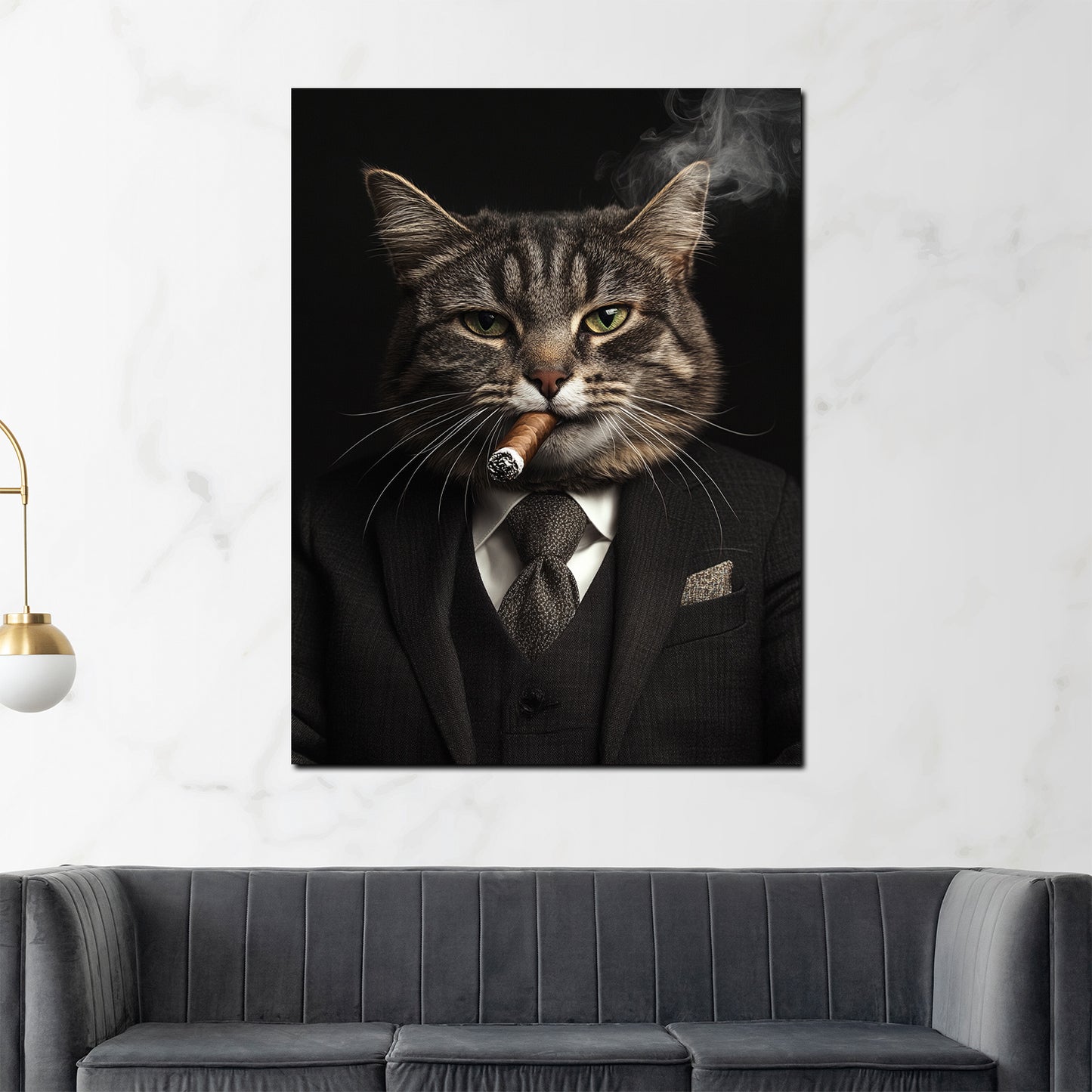 Wandbild Kunstwerk charismatische Katze Anzug rauchend Anführer modern