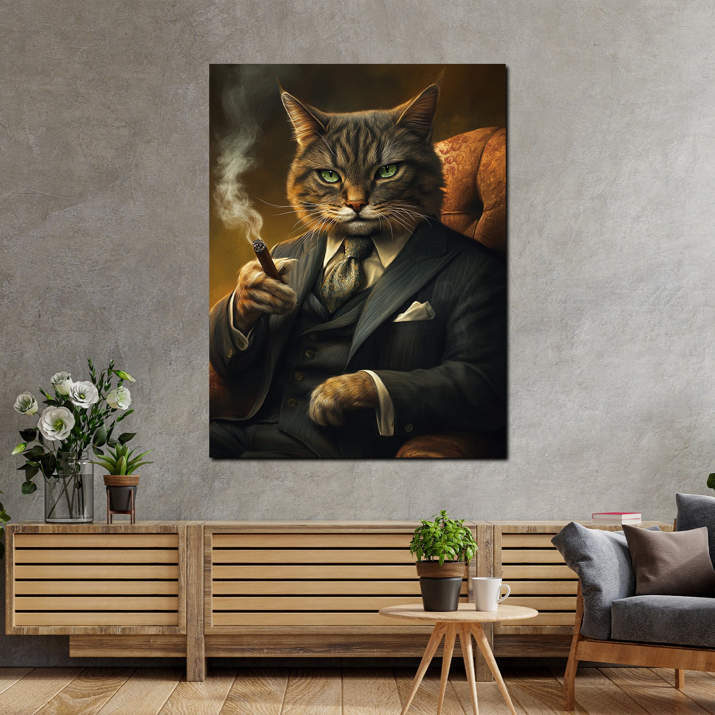 Wandbild Kunstwerk charismatische Katze Anzug rauchend Macht und Erfolg modern