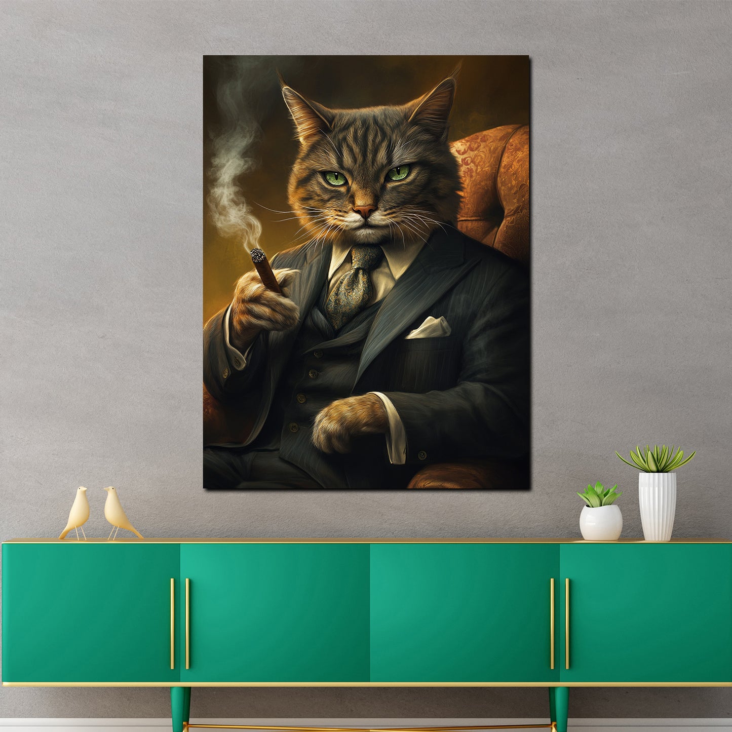 Wandbild Kunstwerk charismatische Katze Anzug rauchend Macht und Erfolg modern