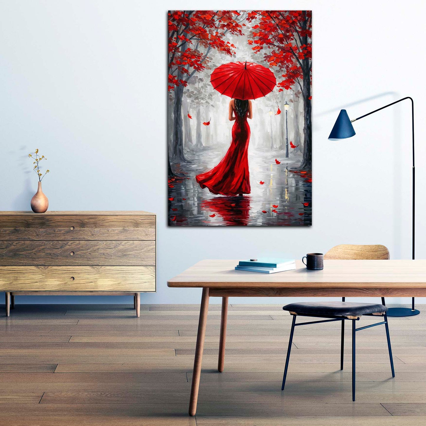 Wandbild Kunstwerk elegante Frau im roten Kleid Regenschirm romantisch modern