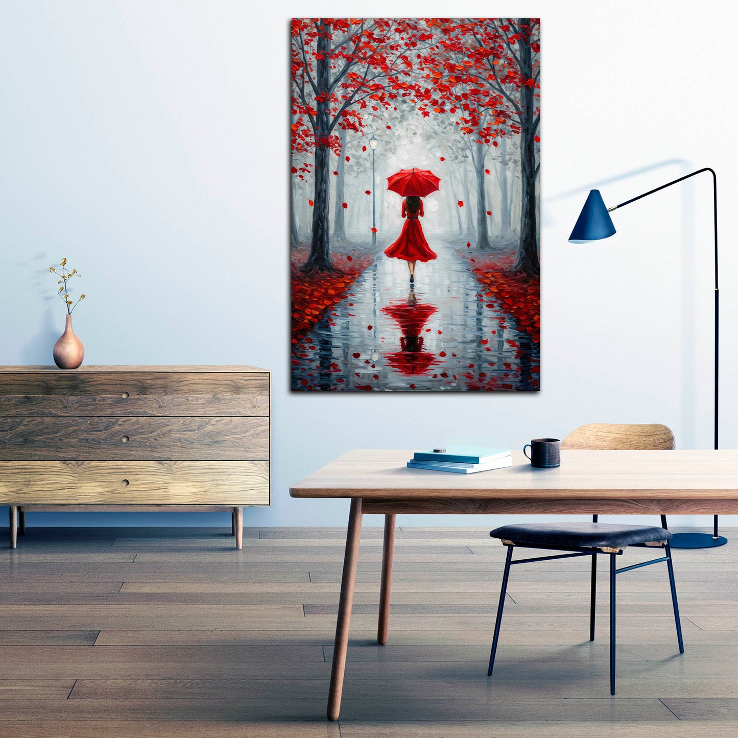 Wandbild Kunstwerk elegante Frau roter Schirm Herbstwald romantisch modern