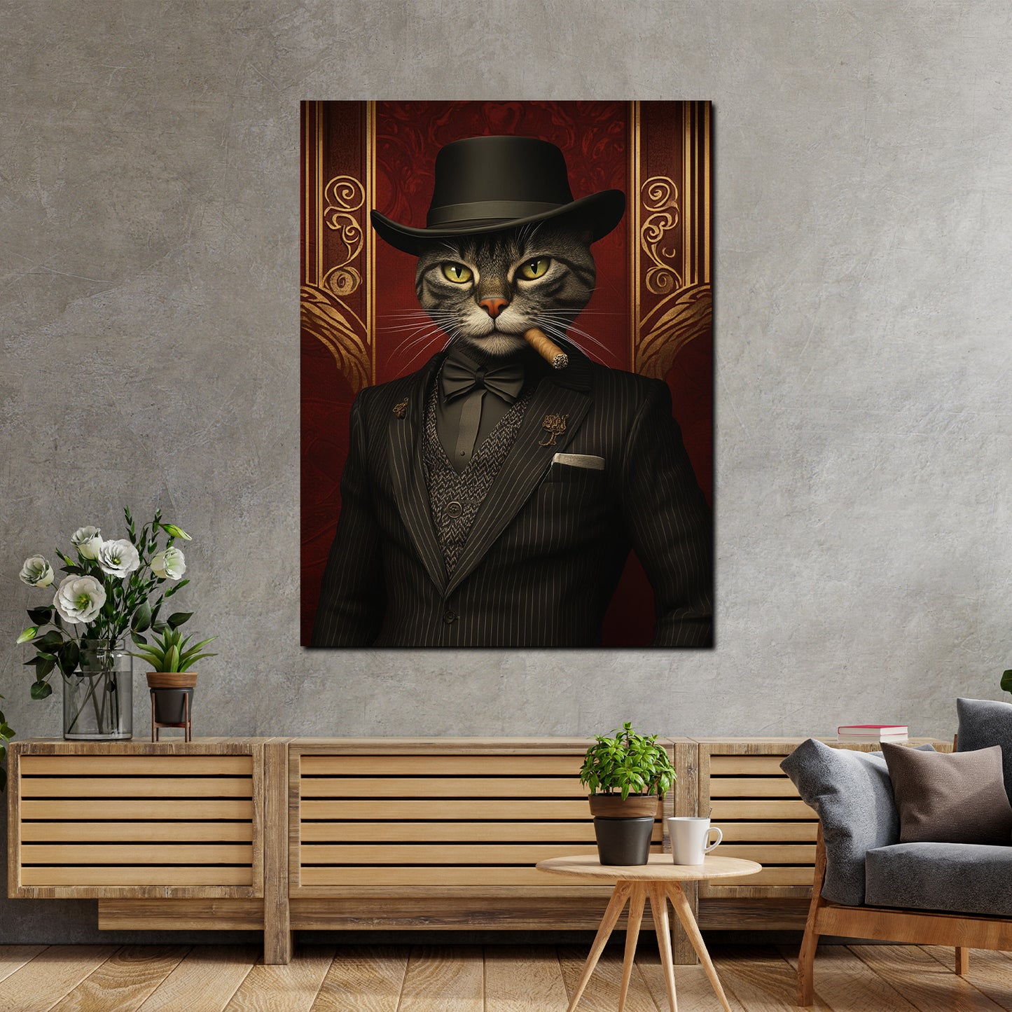 Wandbild Kunstwerk Kater im Anzug rauchend Hut Stil Vintage modern