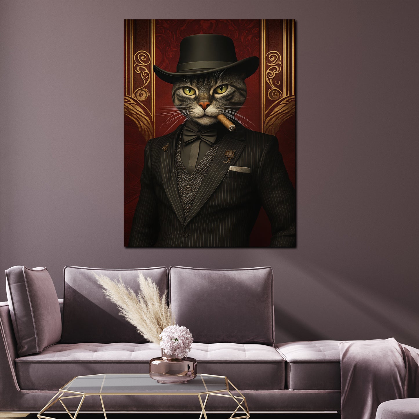 Wandbild Kunstwerk Kater im Anzug rauchend Hut Stil Vintage modern