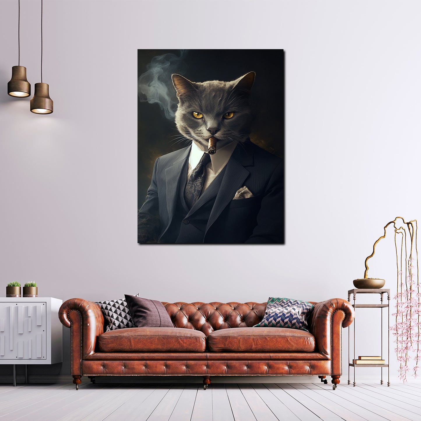 Wandbild Kunstwerk elegante Katze mit Anzug rauchend Autorität Erfolg Stil modern