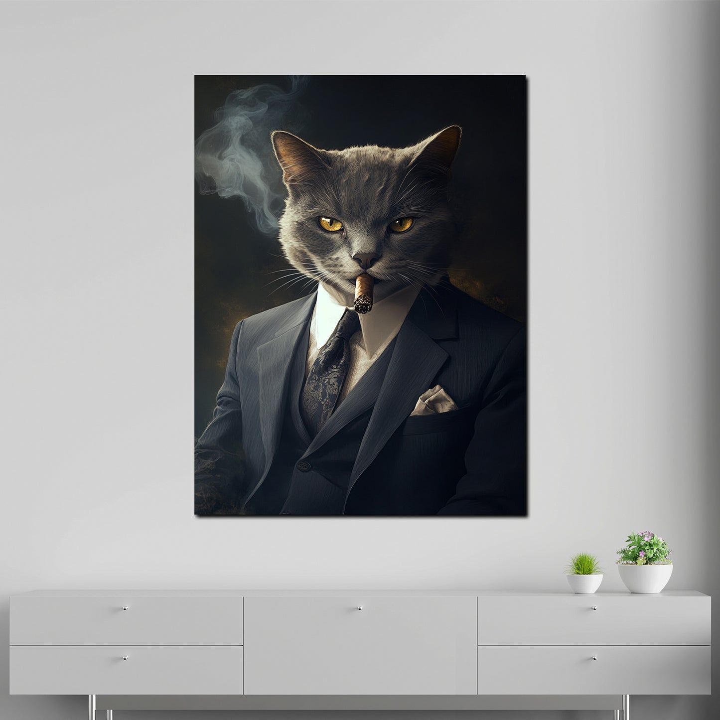 Wandbild Kunstwerk elegante Katze mit Anzug rauchend Autorität Erfolg Stil modern