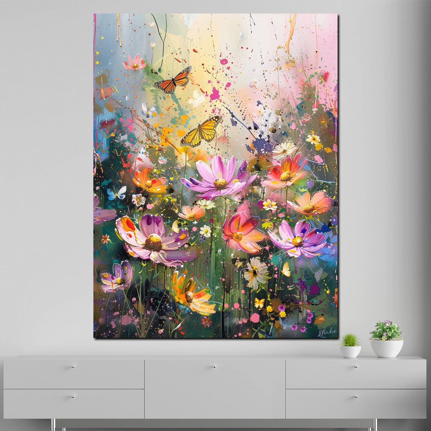 Farbenfrohe Blumenwiese mit Schmetterlingen Wandbild Kunstwerk