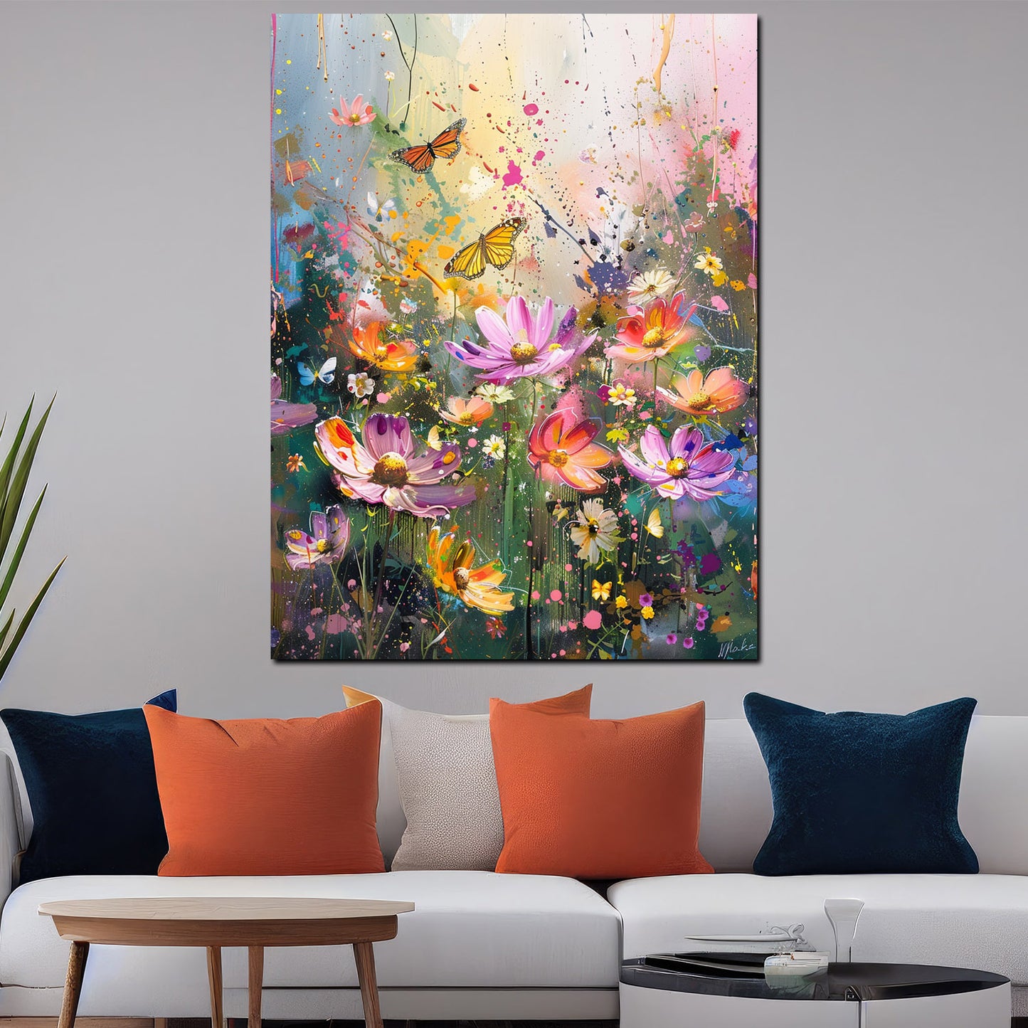 Farbenfrohe Blumenwiese mit Schmetterlingen Wandbild Kunstwerk