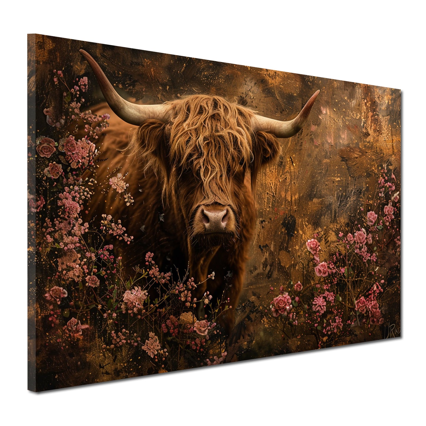 Wandbild Kunstwerk Kuh umgeben von Blüten Naturstil Harmonie modern