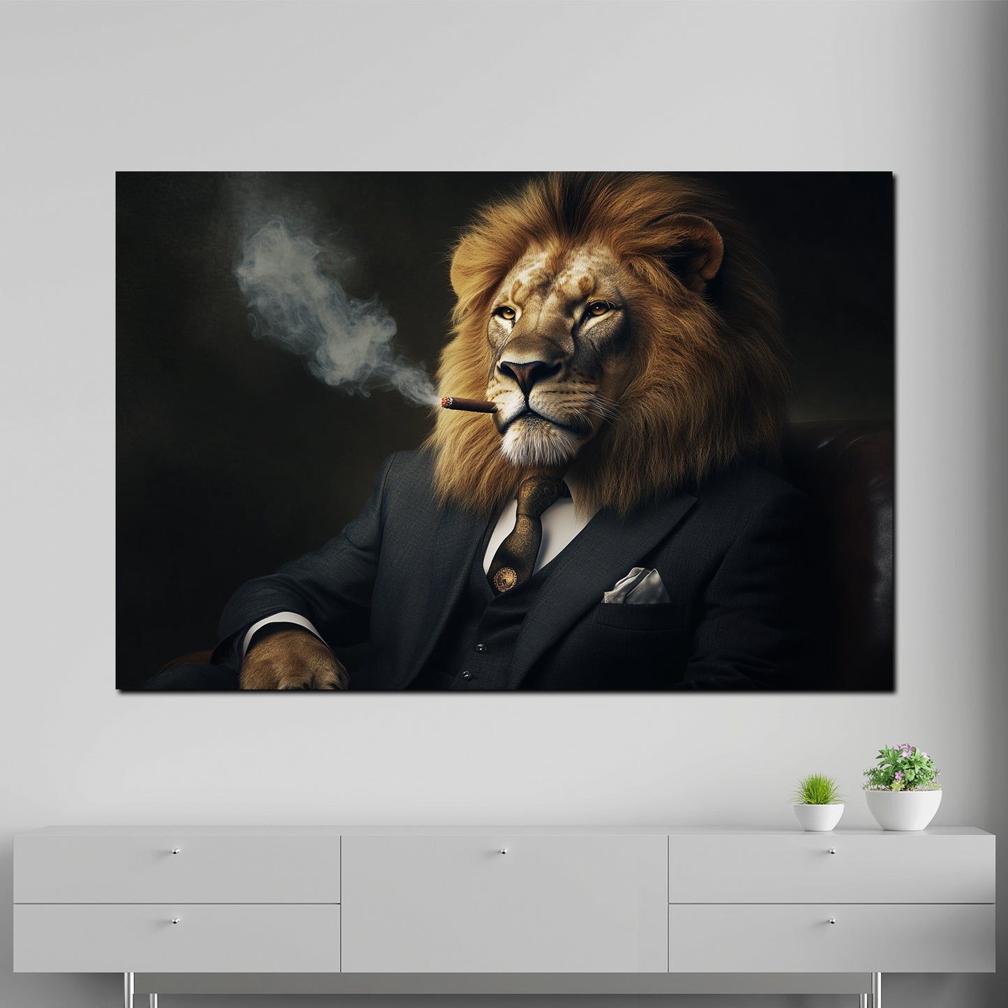 Wandbild Kunstwerk majestätischer Löwe Anzug Zigarre Erfolg Inspiration