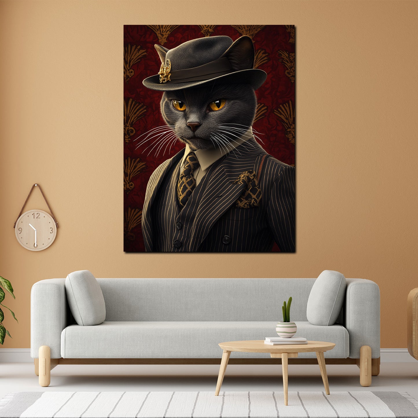 Wandbild Kunstwerk schwarze Katze Anzug Hut Stil Vintage Eleganz
