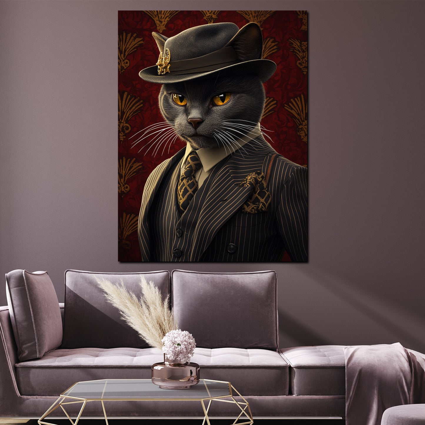 Wandbild Kunstwerk schwarze Katze Anzug Hut Stil Vintage Eleganz