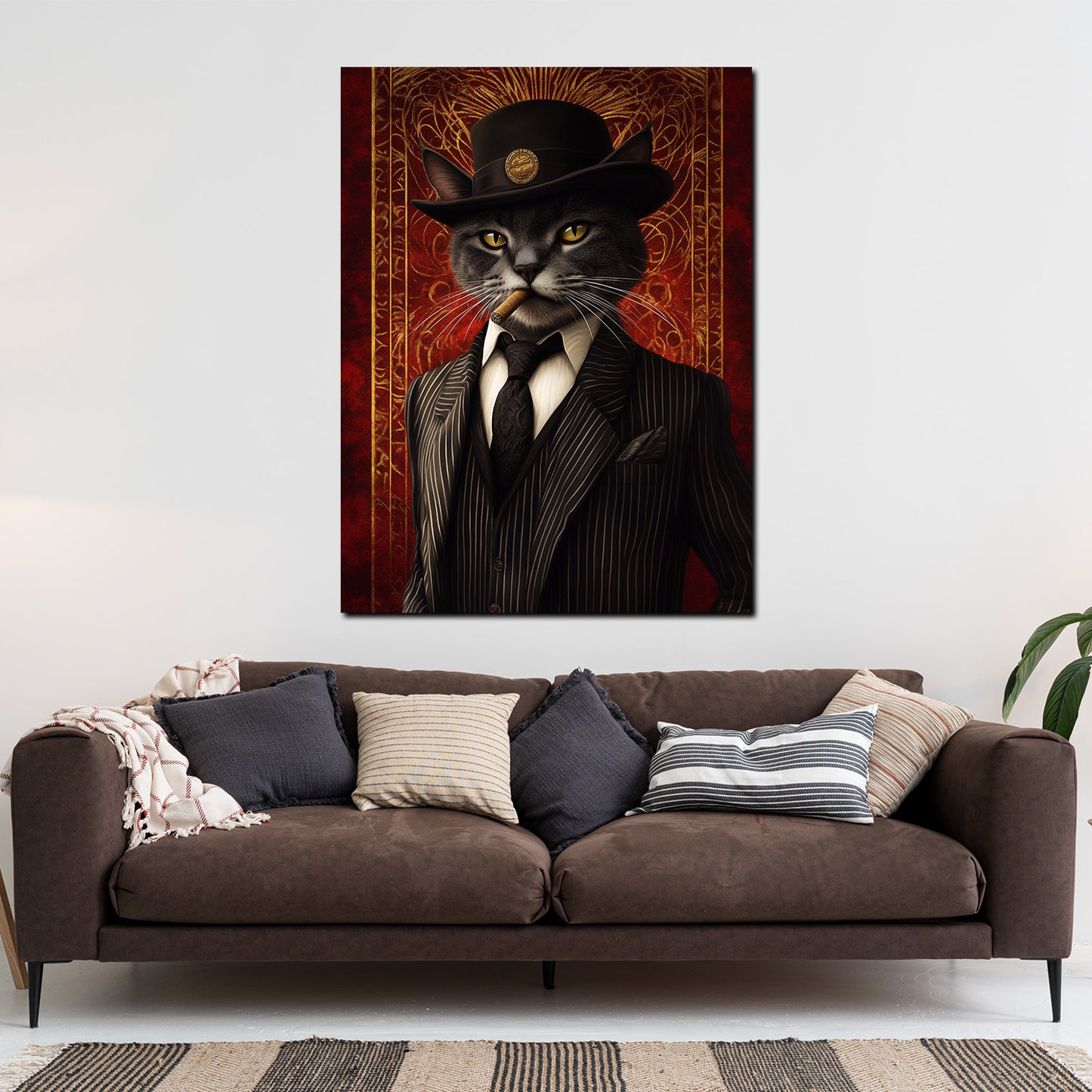 Wandbild Kunstwerk schwarze Katze Anzug Zigarre Hut Eleganz Vintage modern