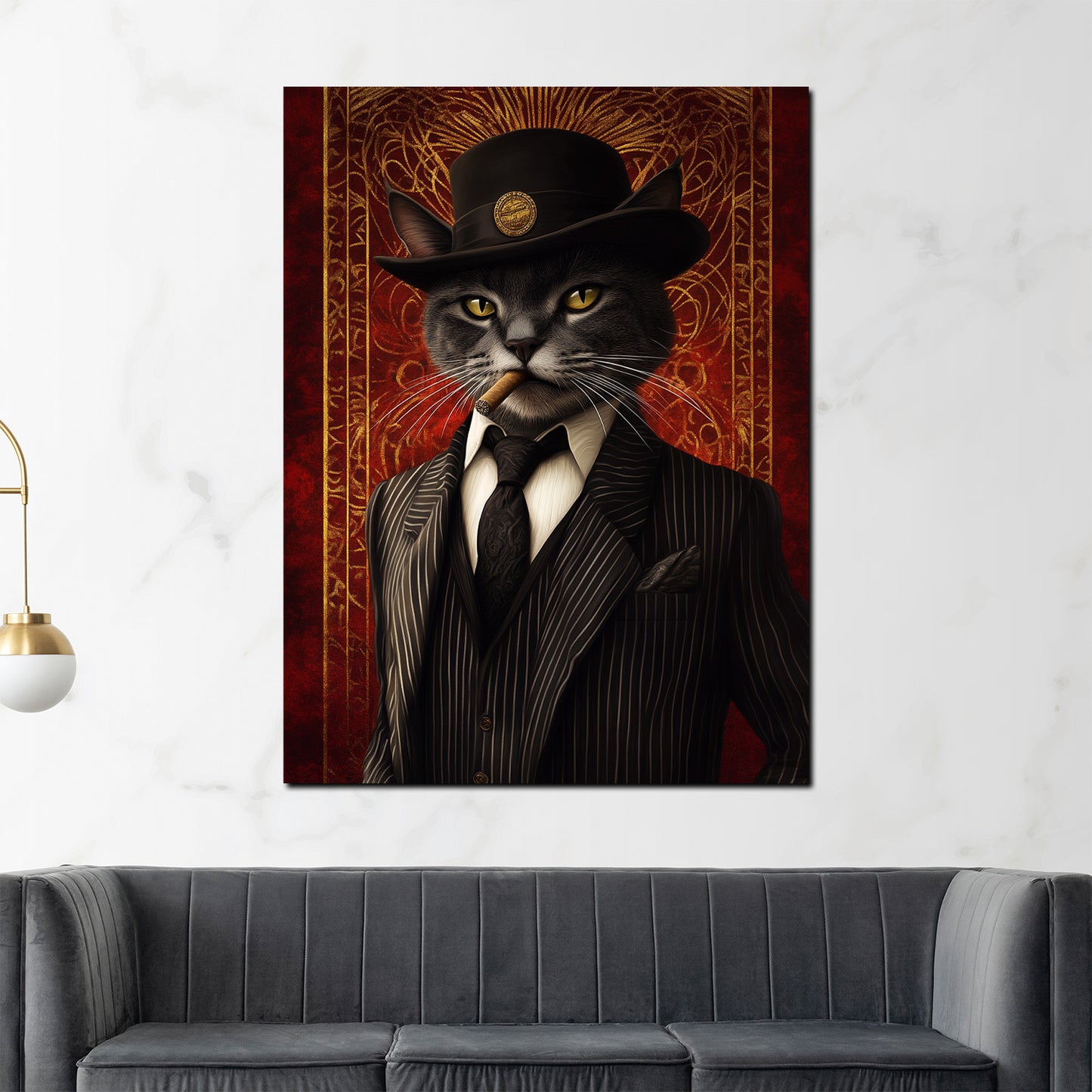 Wandbild Kunstwerk schwarze Katze Anzug Zigarre Hut Eleganz Vintage modern
