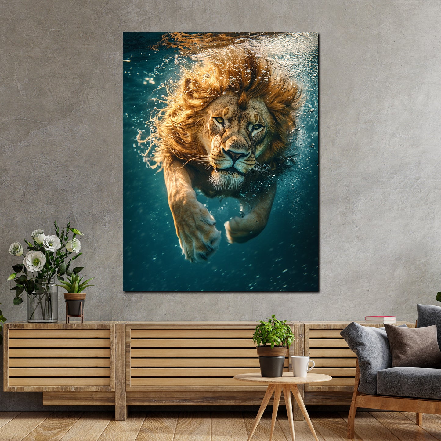 Wandbild Kunstwerk schwimmender Löwe Energie