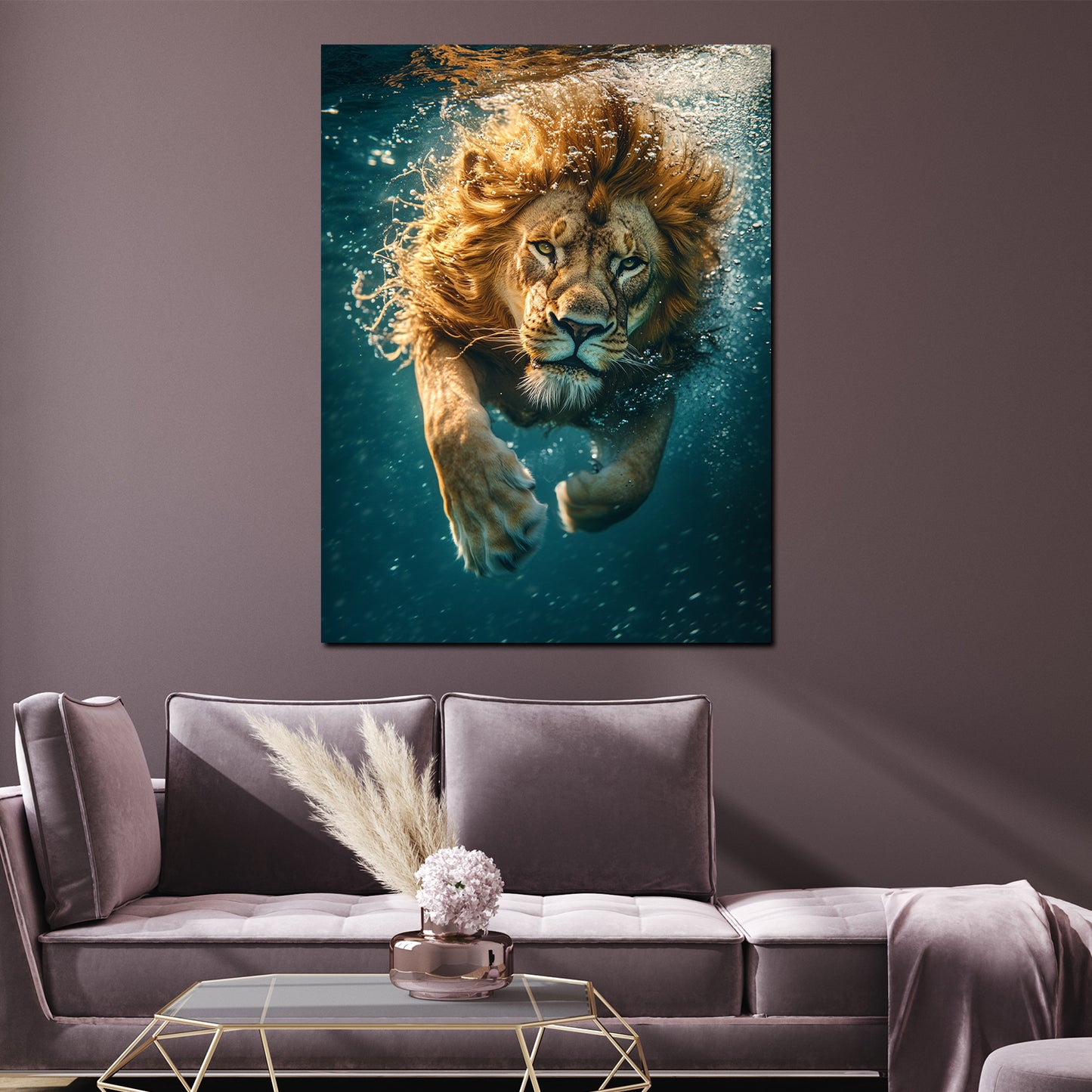 Wandbild Kunstwerk schwimmender Löwe Energie