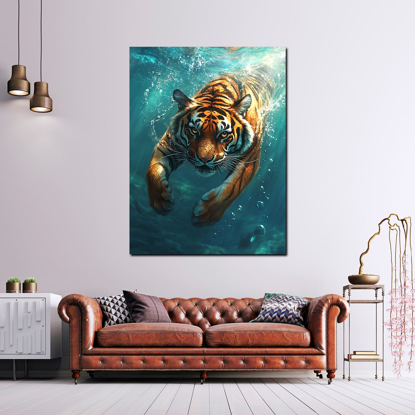 Wandbild Kunstwerk schwimmender Tiger Energie Raubtier Wasser modern