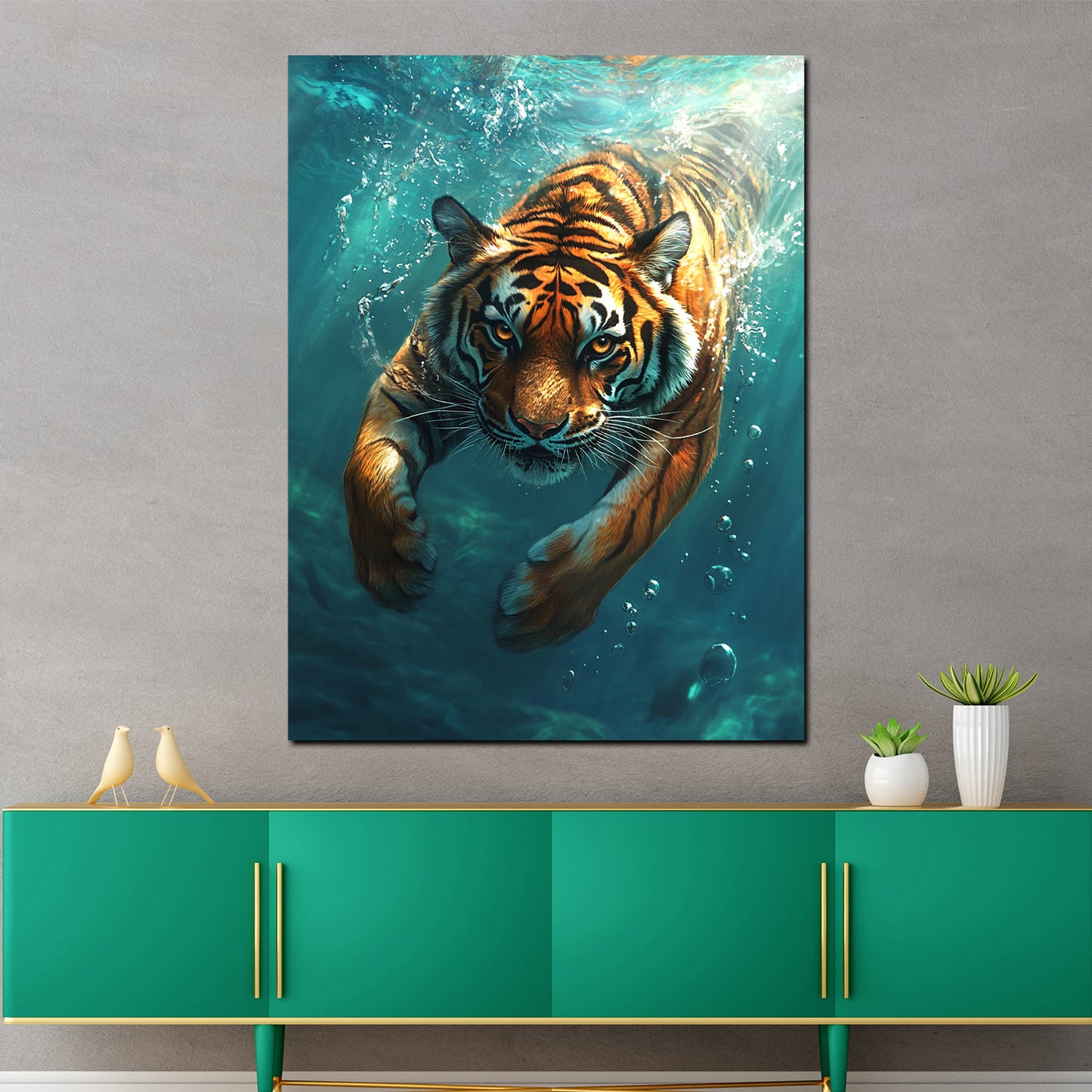 Wandbild Kunstwerk schwimmender Tiger Energie Raubtier Wasser modern