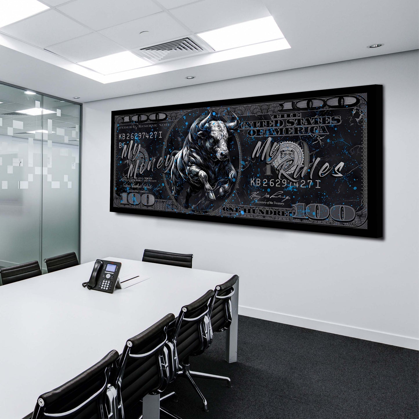 Pop Art Silber Bull auf Dollar Schein Street Art Design Wandbild Kunstwerk